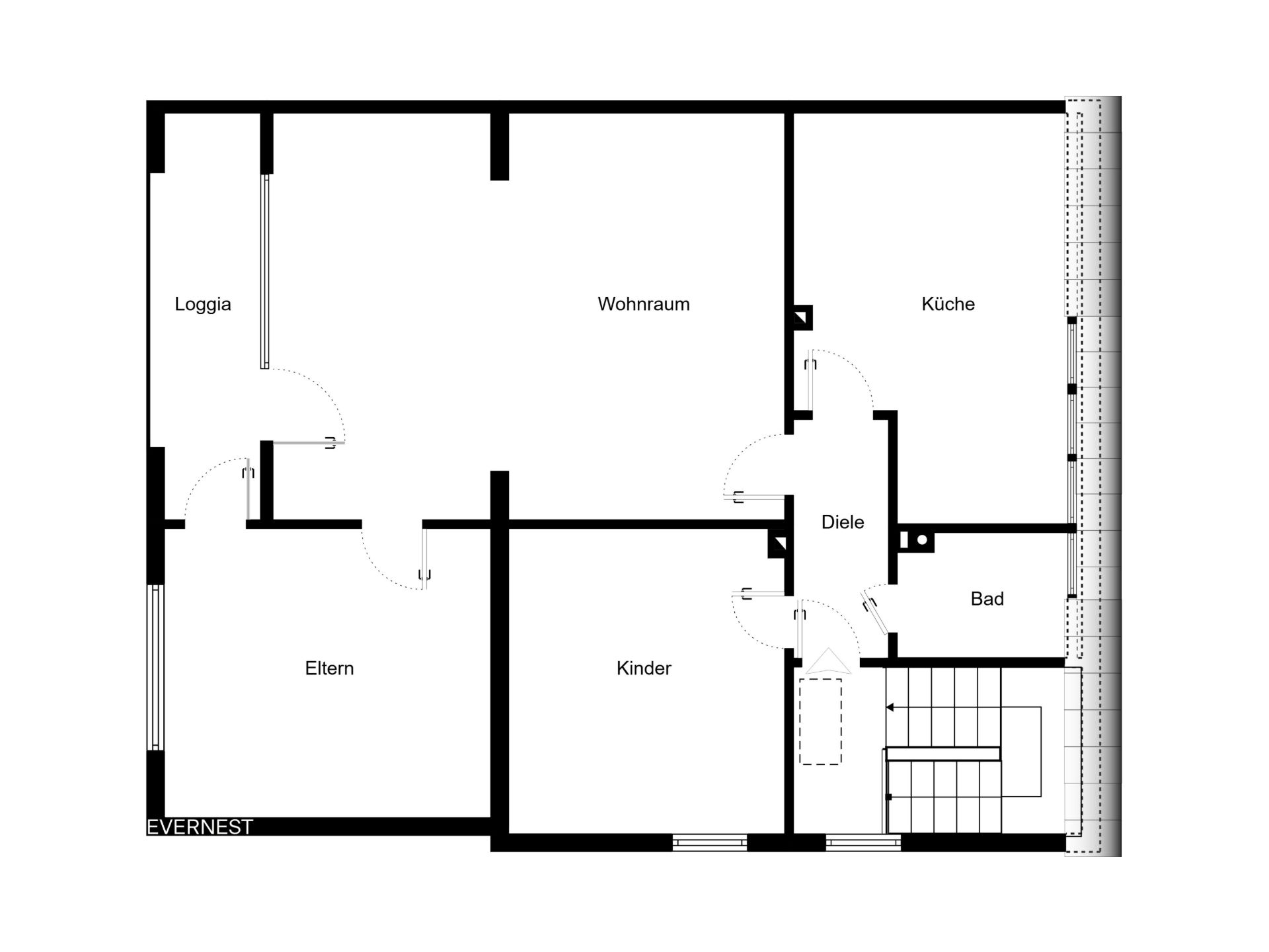 Grundriss einer Wohnung mit Wohnzimmer, Küche, Bad, Eltern-, Kinderzimmer und Loggia.