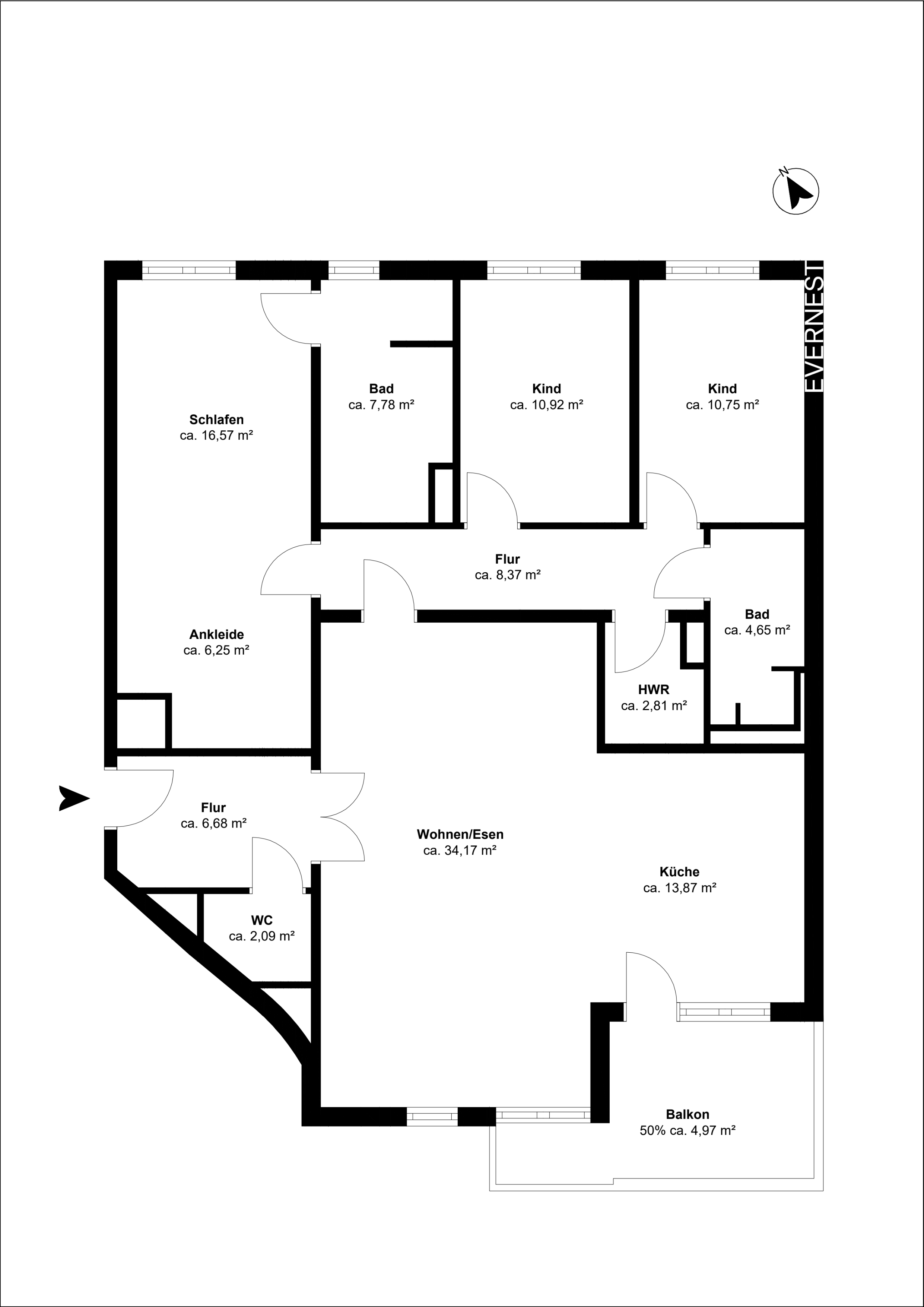 Grundriss einer Wohnung mit Schlafzimmer, Kinderzimmern, Küche, Wohnzimmer, Bädern und Balkon.