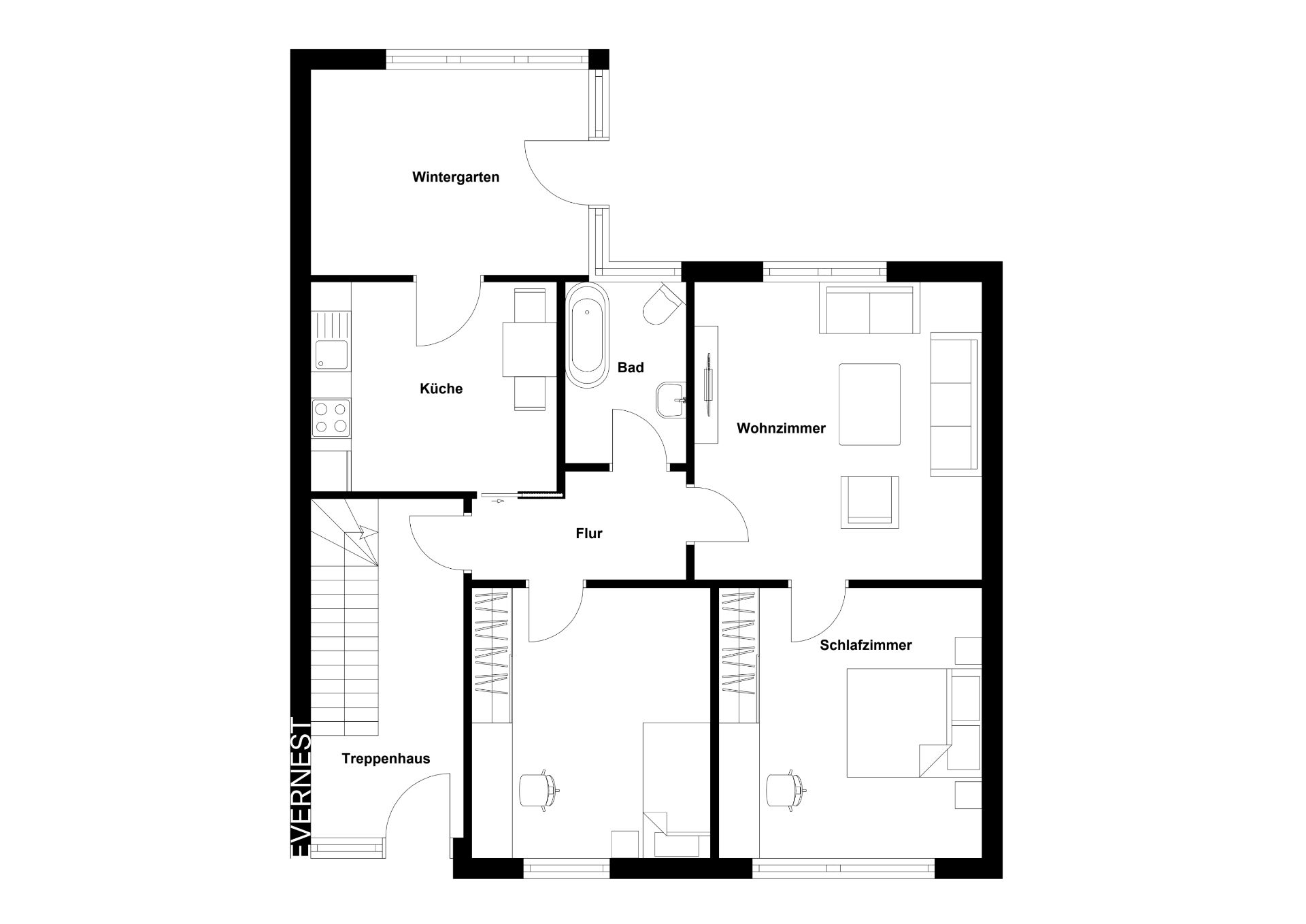 Grundriss einer Wohnung mit Wohnzimmer, Schlafzimmer, Küche, Bad, Flur und Wintergarten.