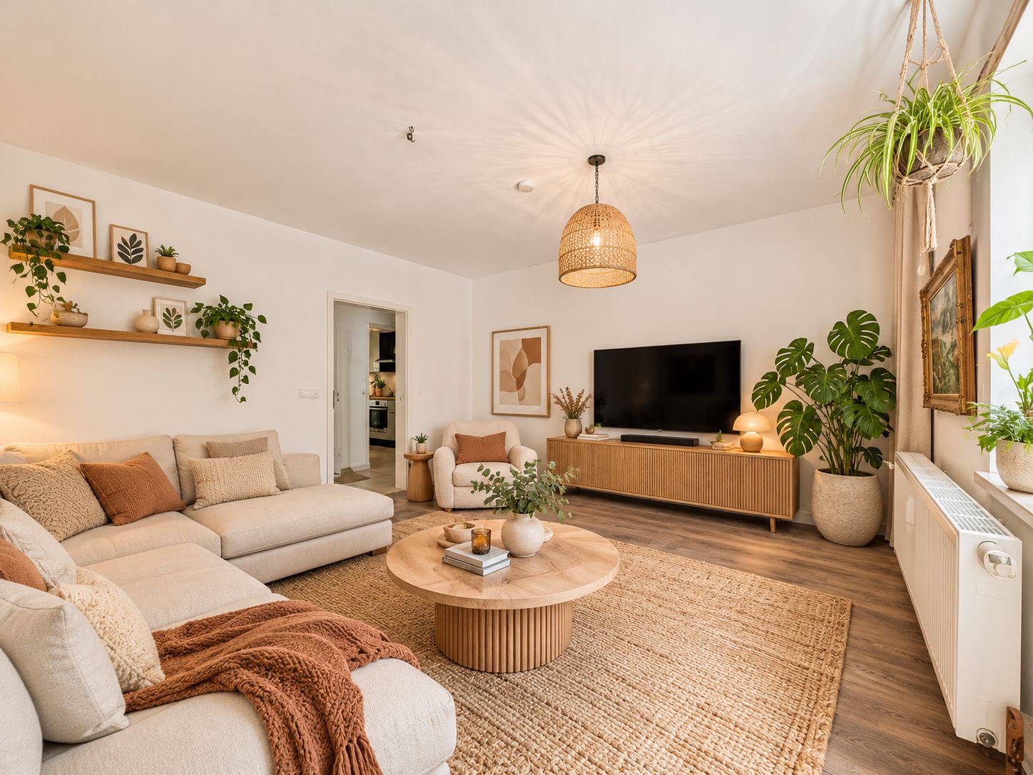 Helles Wohnzimmer mit Ecksofa, Teppich, Couchtisch, Pflanzen und Fernseher an der Wand.