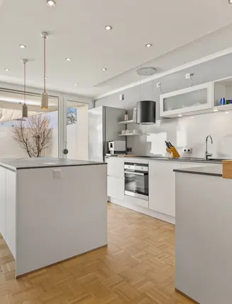 Moderne weiße Küche mit Kochinsel und Blick auf eine Terrasse mit Pflanzen.