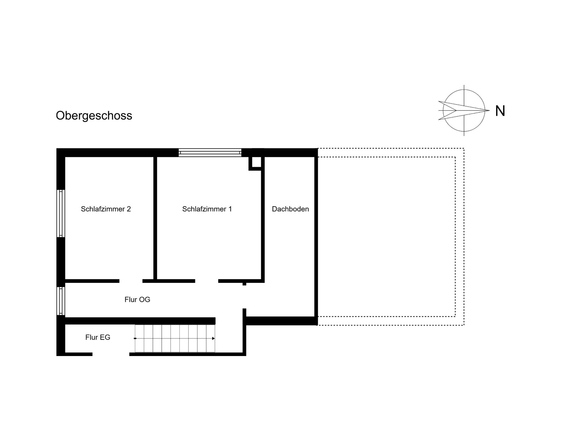 Grundriss des Obergeschosses mit zwei Schlafzimmern, Flur und Dachboden.