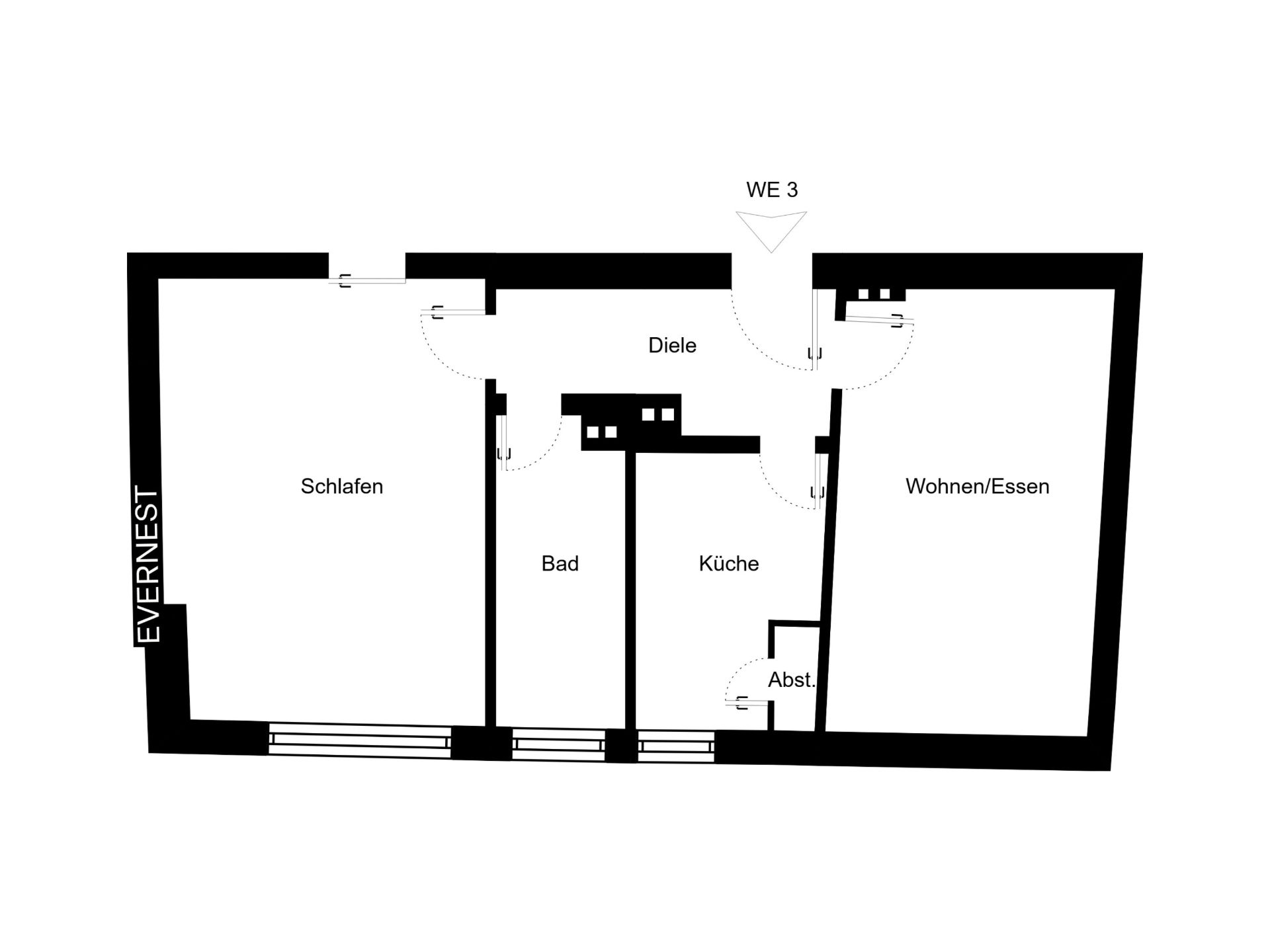 Grundriss einer Wohnung mit Schlaf-, Wohn-/Esszimmer, Bad, Küche, Diele und Abstellraum.