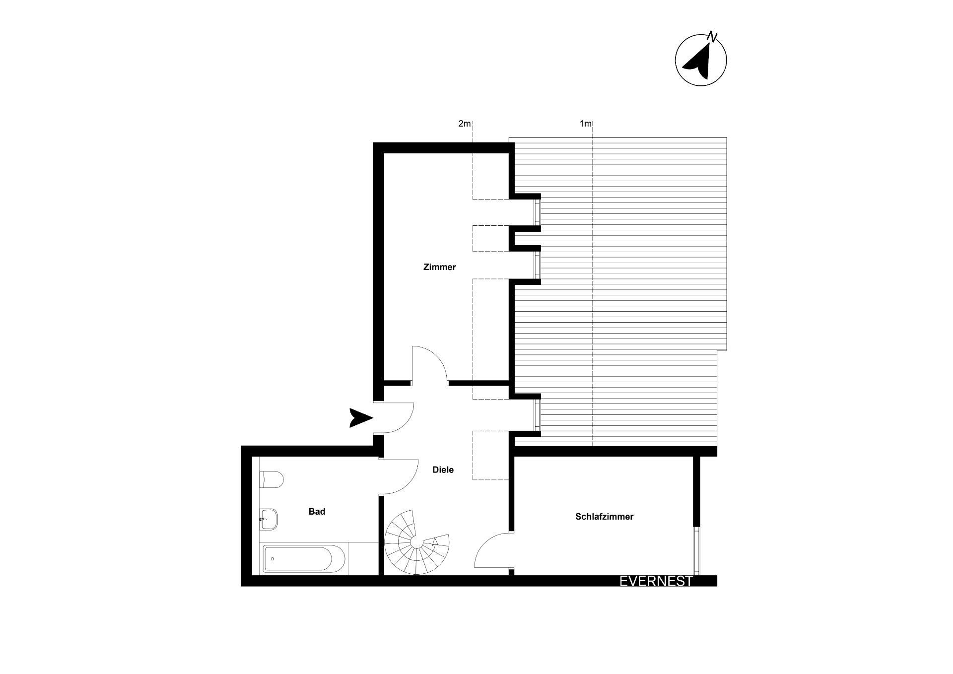 Grundriss mit Zimmer, Schlafzimmer, Diele, Bad und Treppe, Räume klar beschriftet.