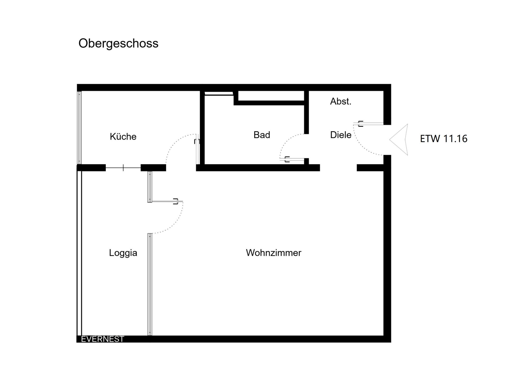 Grundriss einer Wohnung mit Wohnzimmer, Küche, Bad, Loggia, Abstellraum und Diele.