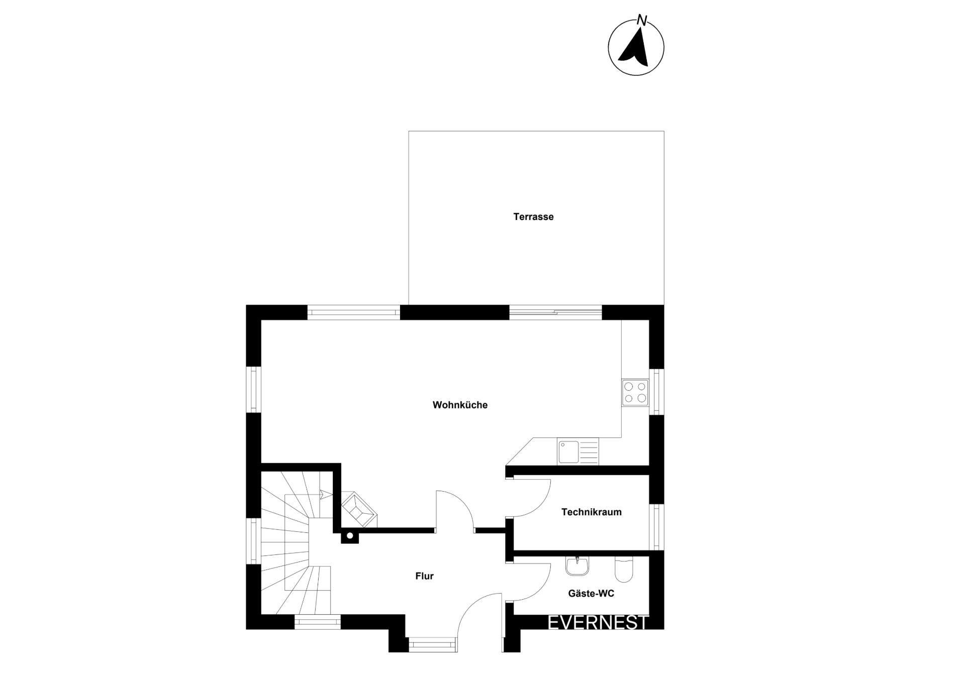Grundriss mit Wohnküche, Terrasse, Flur, Technikraum und Gäste-WC.