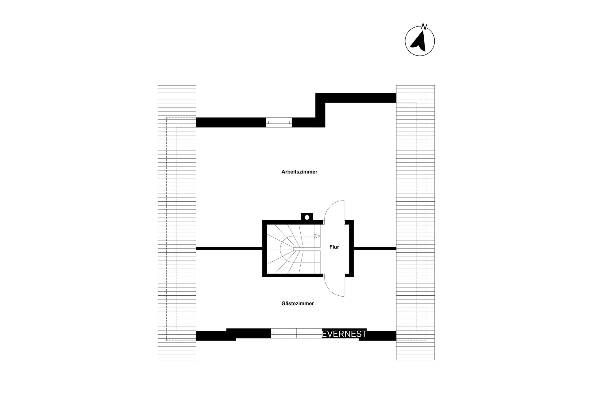 Grundriss mit Arbeitszimmer, Gästezimmer, Flur und zentraler Treppe.