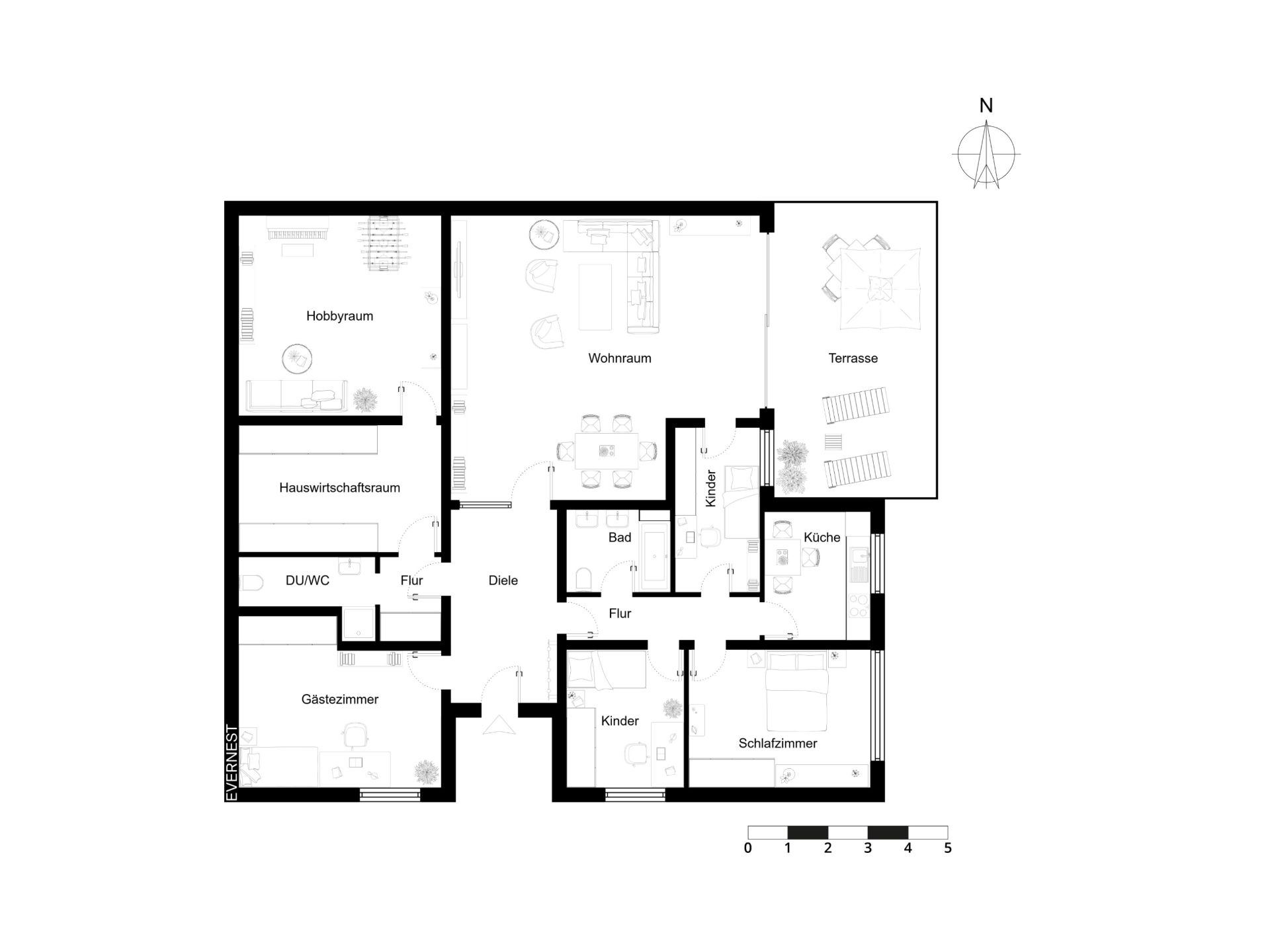 Grundriss einer Wohnung mit mehreren Zimmern, Küche, Bad, Terrasse und Fluren.