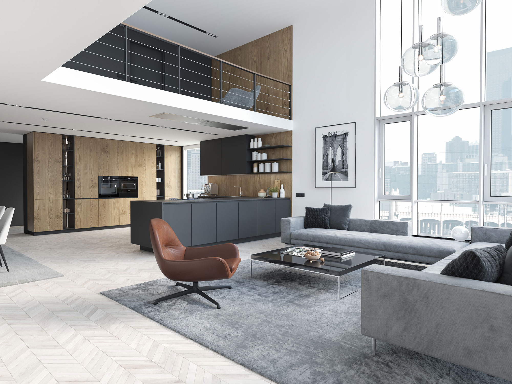 Modernes Wohnzimmer mit grauen Sofas, braunem Sessel, Küche und großer Fensterfront.