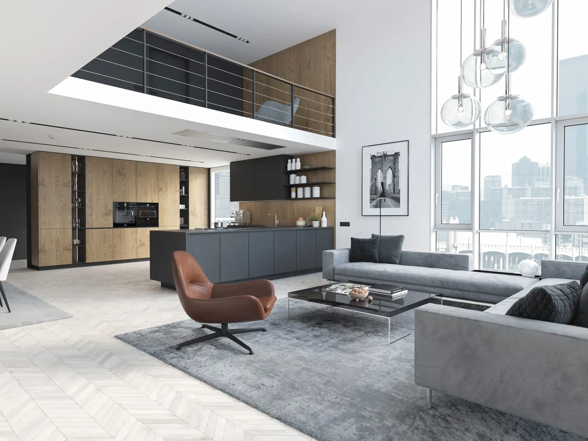 Modernes Wohnzimmer mit grauen Sofas, braunem Sessel, Küche und großer Fensterfront.