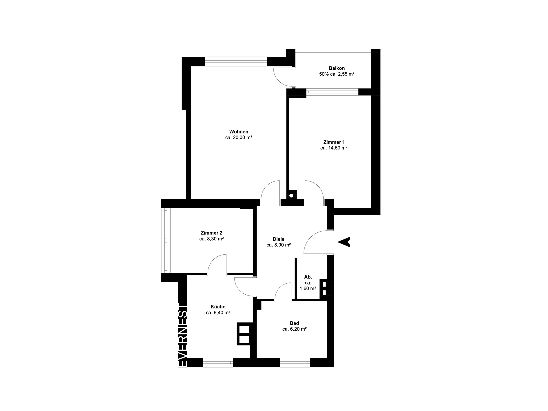 Grundriss einer Wohnung mit Wohnzimmer, Balkon, zwei Zimmern, Küche, Bad und Abstellraum.