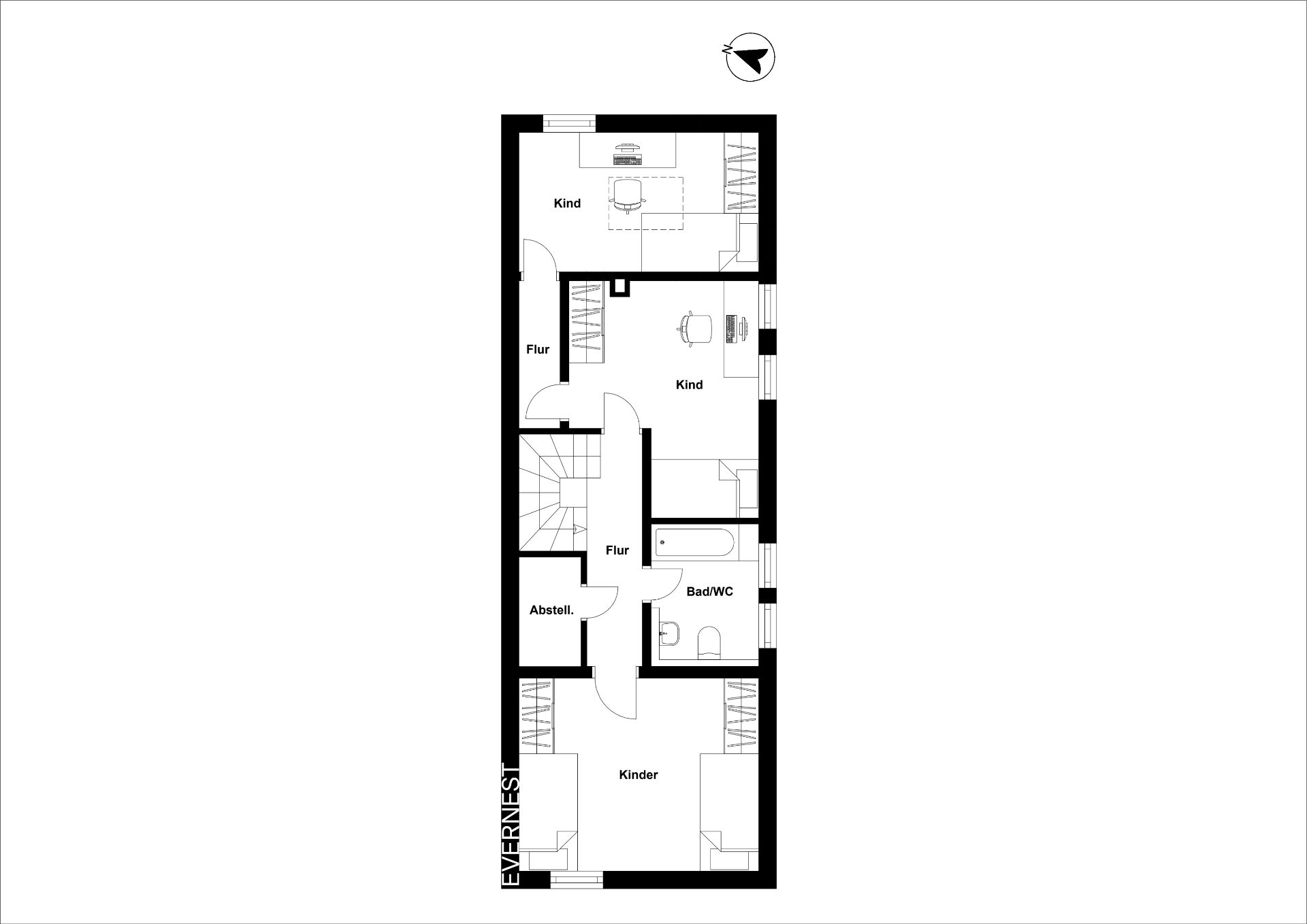 Wohnungsgrundriss mit drei Kinderzimmern, Bad, Abstellraum und Flur.
