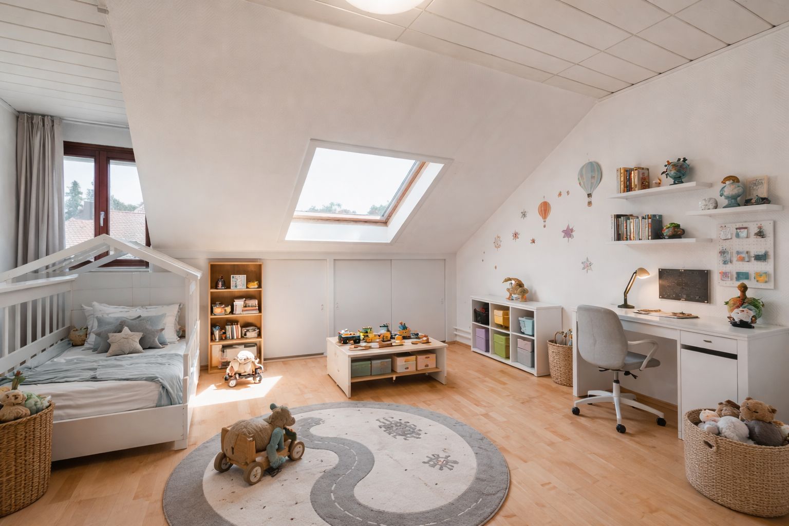 Helles Kinderzimmer mit Bett, Spielteppich, Schreibtisch und Spielzeug unter einem Dachfenster.