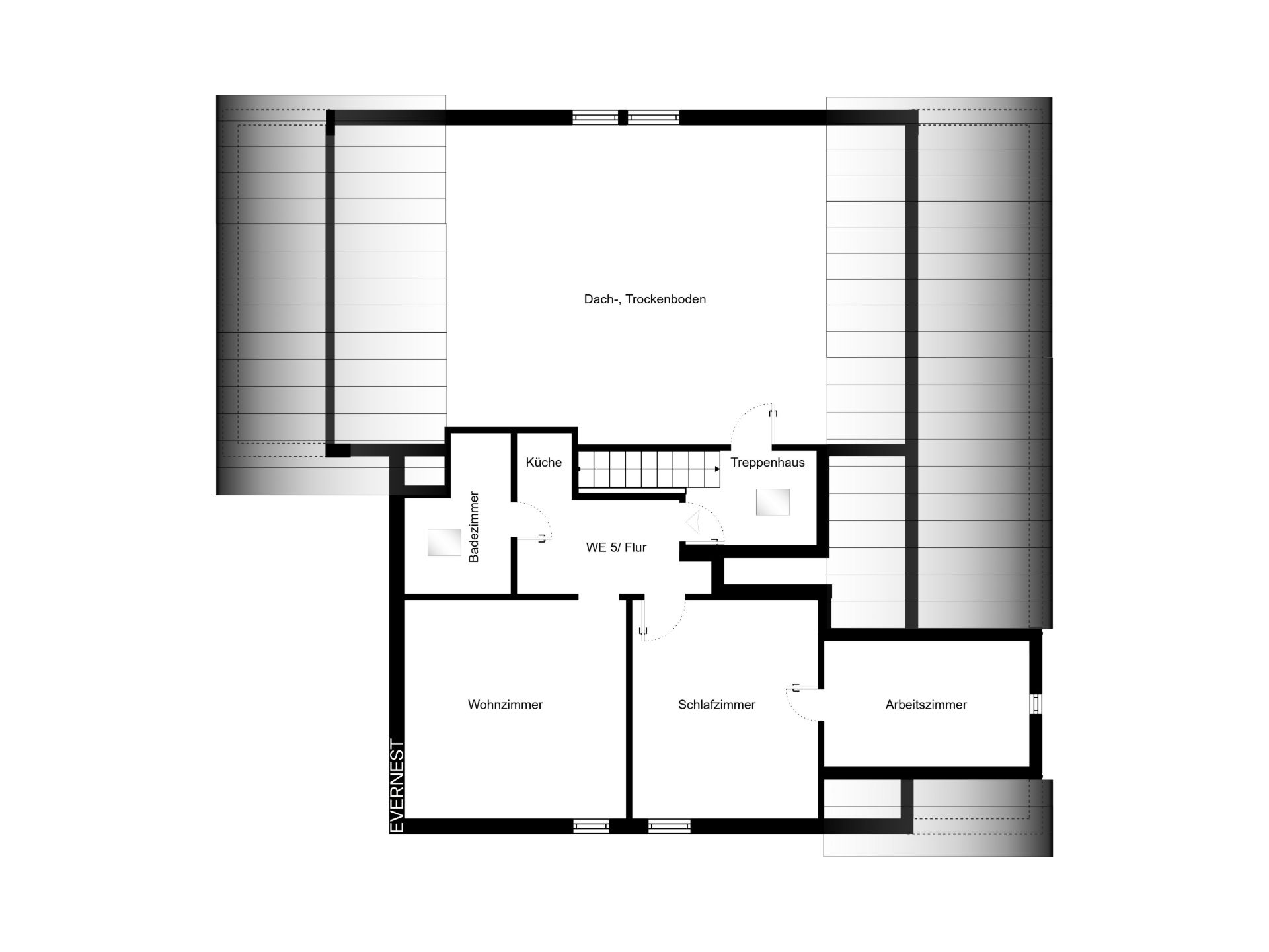 Grundriss einer Wohnung mit Wohnzimmer, Schlafzimmer, Arbeitszimmer, Küche und Bad.