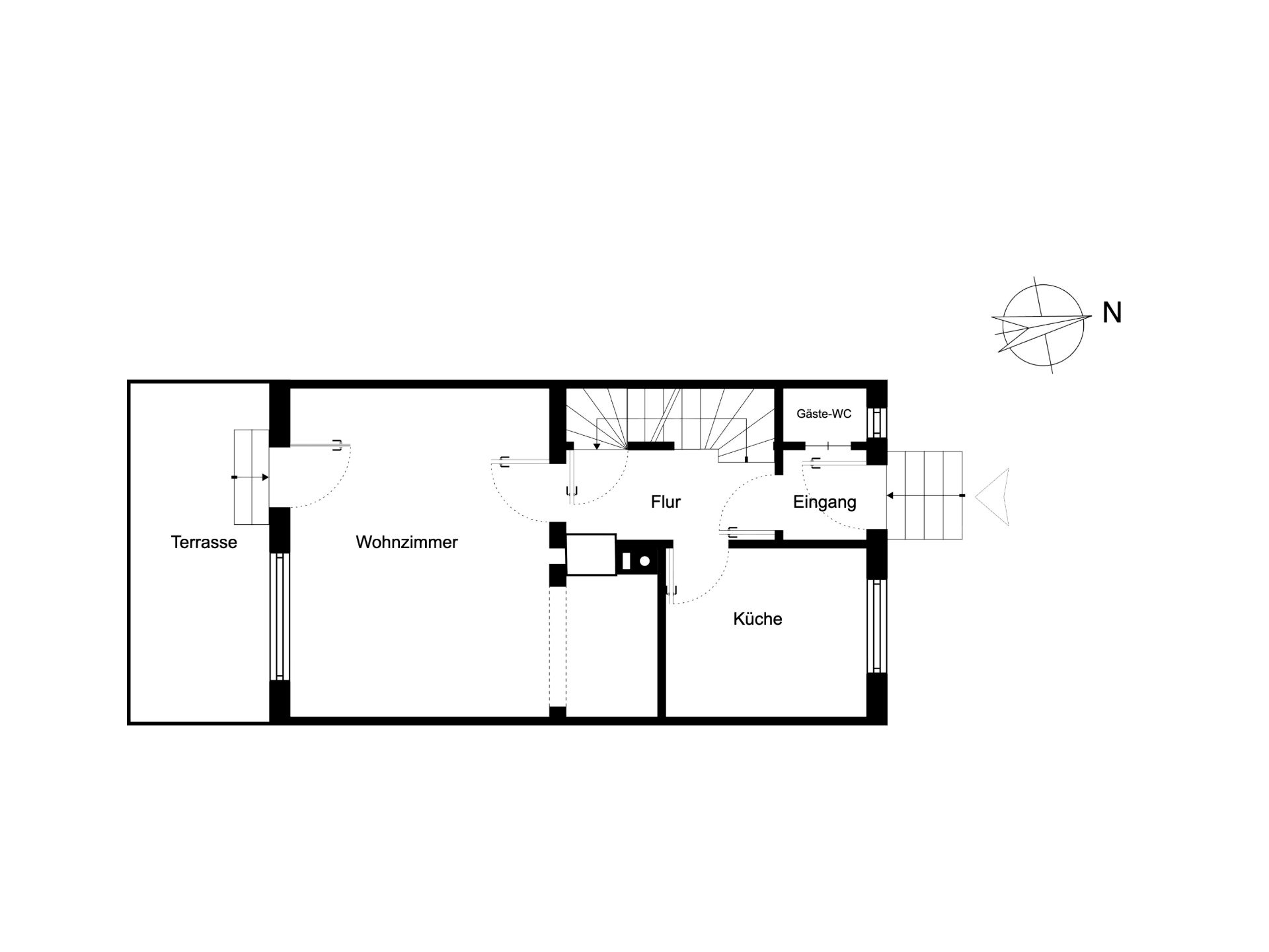 Grundriss mit Wohnzimmer, Küche, Flur, Gäste-WC, Terrasse und Eingang.