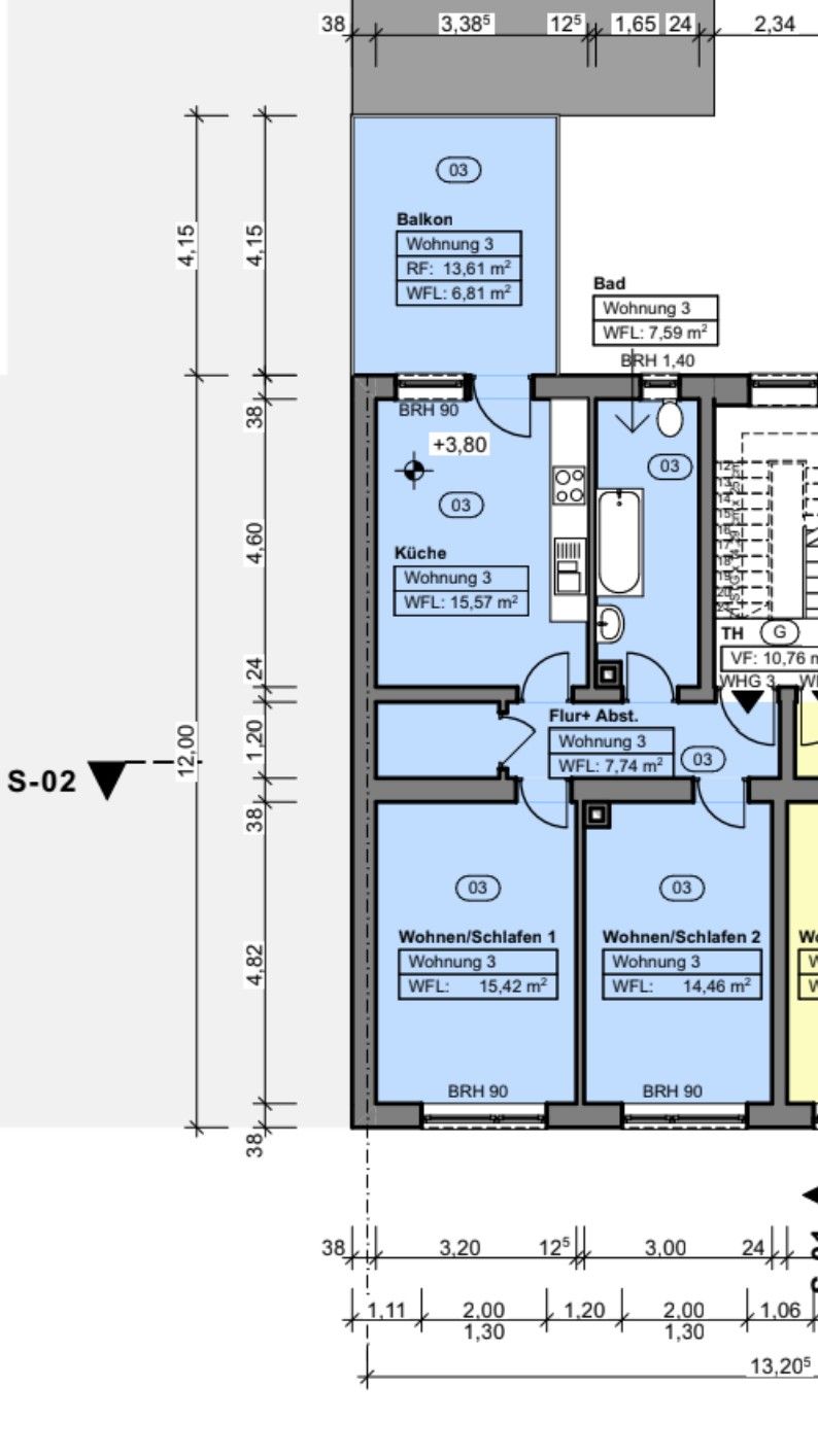 Grundriss einer Wohnung mit Balkon, Bad, Küche, Flur, zwei Wohn-/Schlafräumen und Maßen.