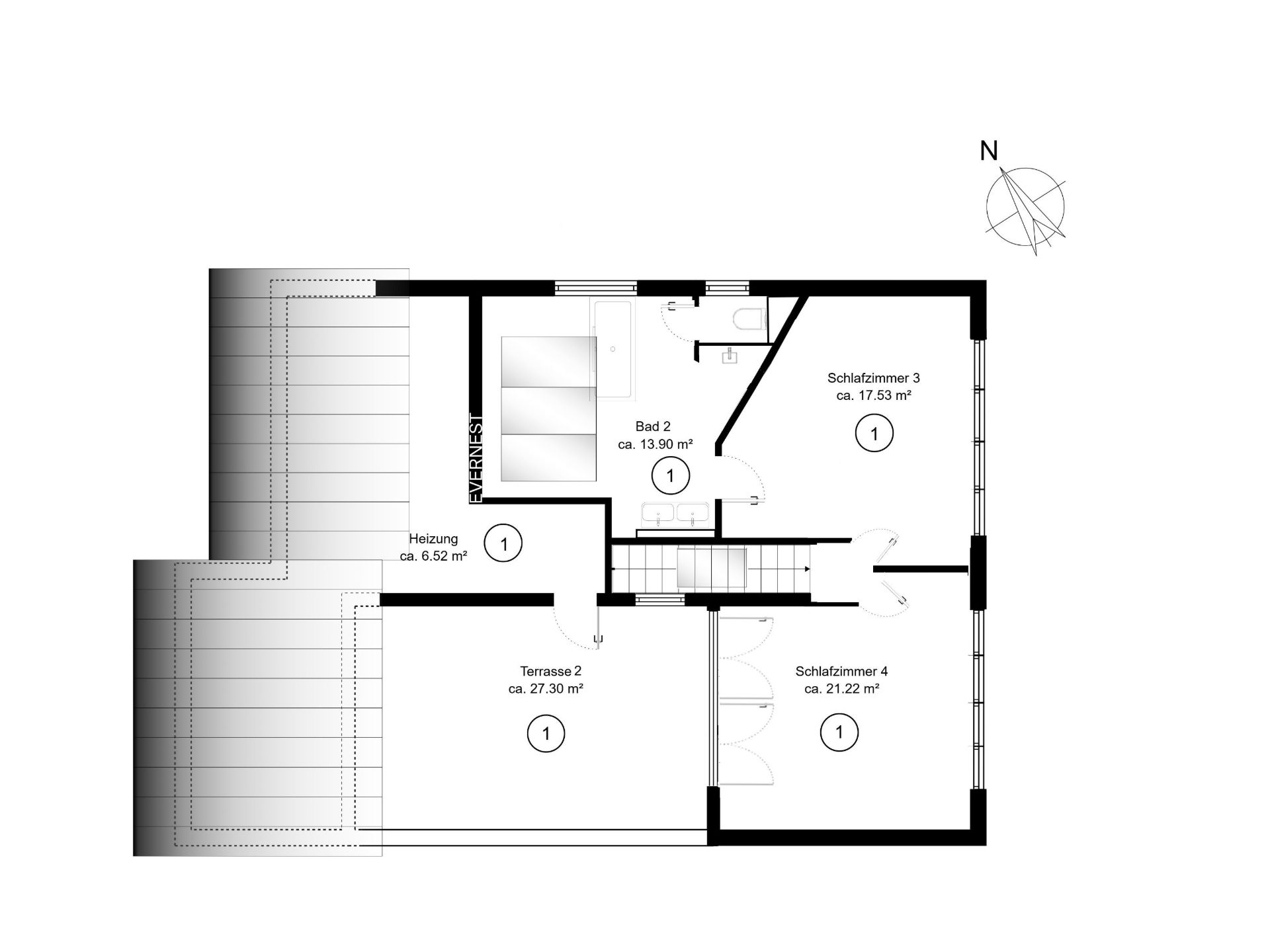 Grundriss mit zwei Schlafzimmern, Bad, Heizung und großer Terrasse.