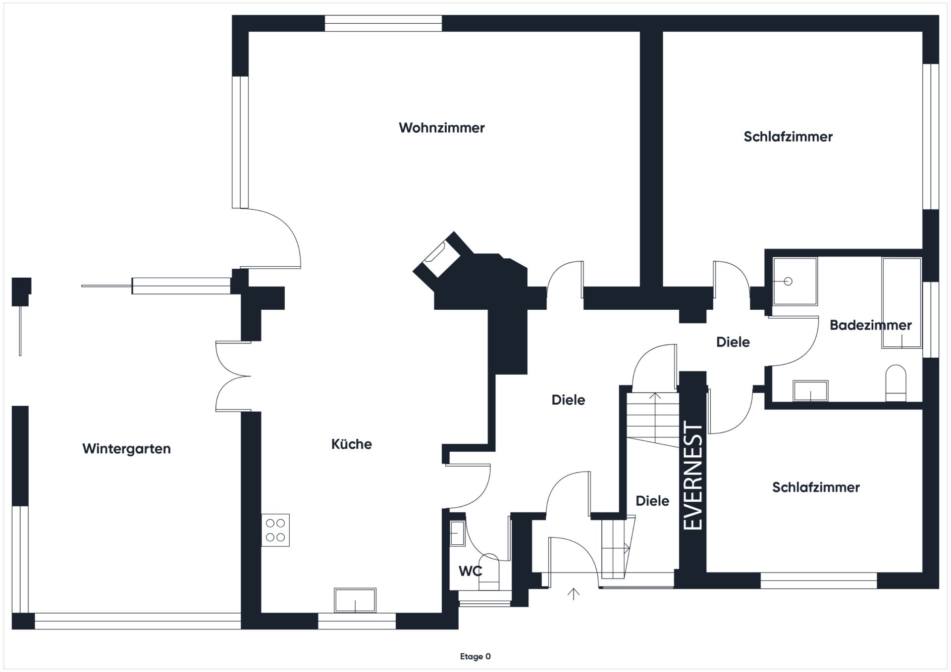 Grundriss einer Wohnung mit Wohnzimmer, Schlafzimmern, Küche, Wintergarten, Bad und WC.