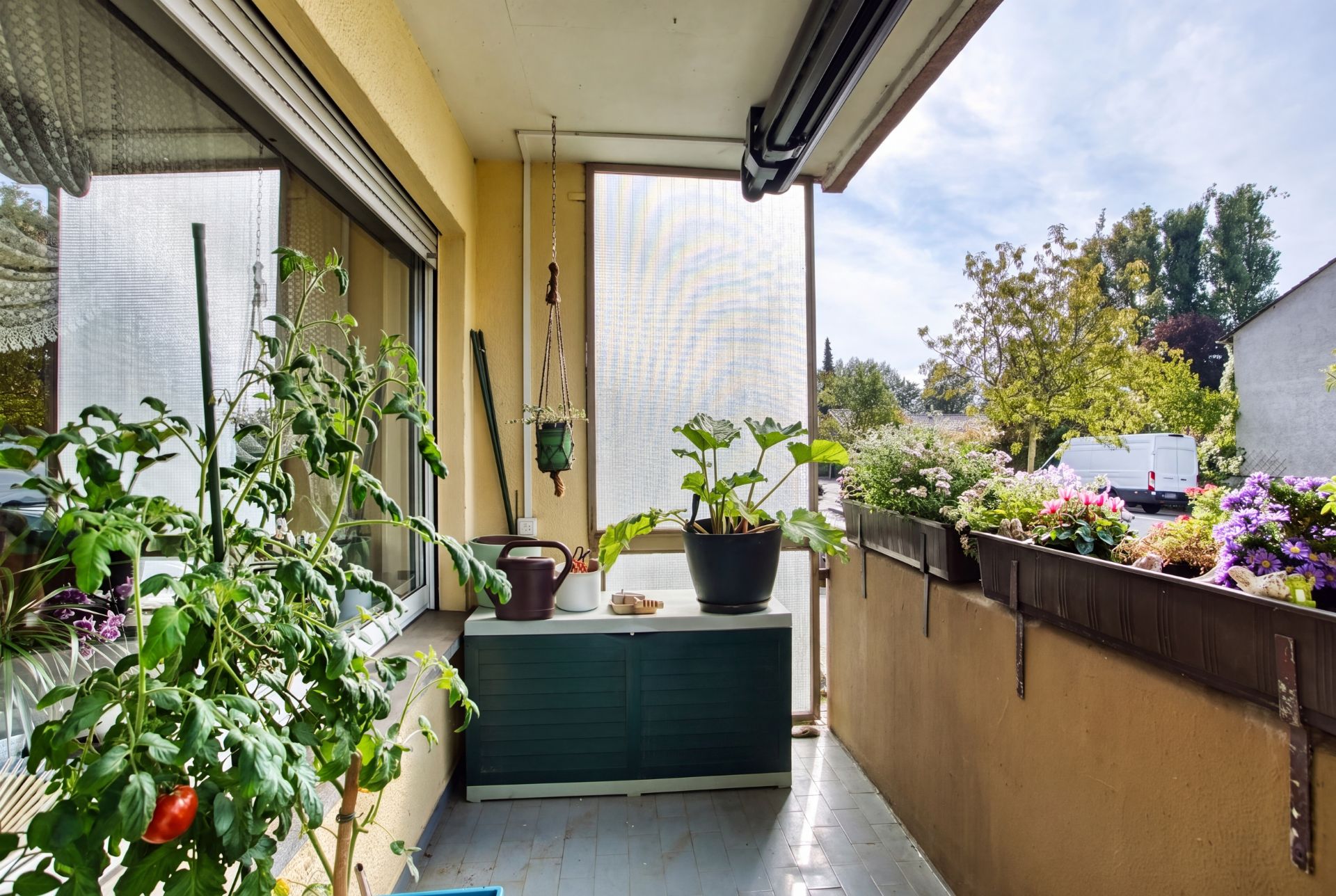 Balkon mit Pflanzen, Blumenkästen und Sitztruhe an gelber Hauswand.