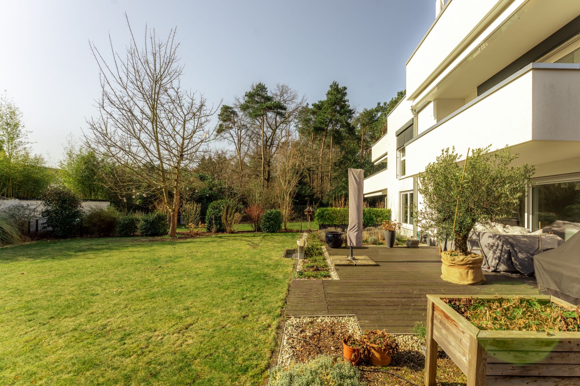 Moderner Balkon und Terrasse mit Garten, Rasenfläche, Bäumen und Hochbeet, sonnig gelegen.