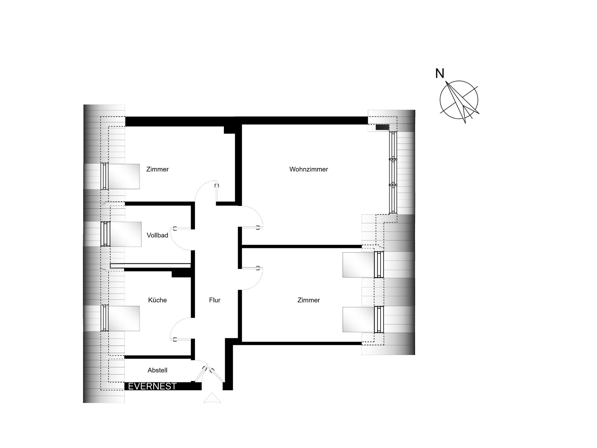 Grundriss einer Wohnung mit Wohnzimmer, zwei Zimmern, Küche, Bad, Flur und Abstellraum.