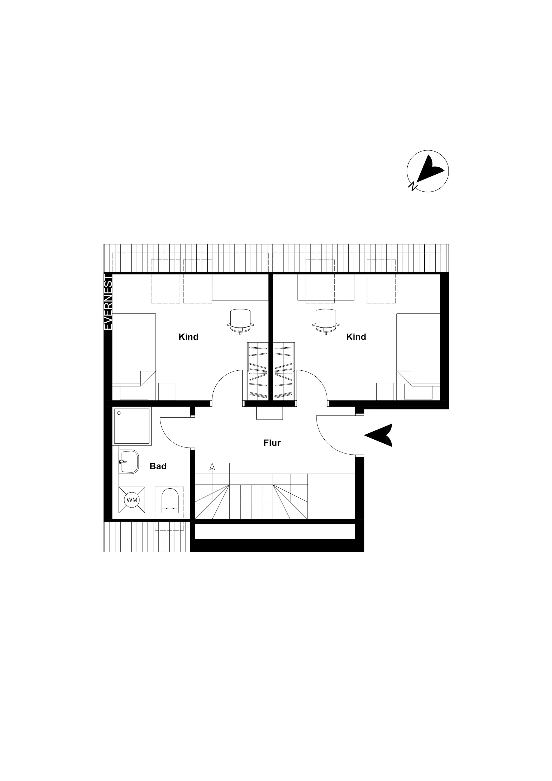 Grundriss mit zwei Kinderzimmern, Bad und Flur, Treppe zentral angeordnet.