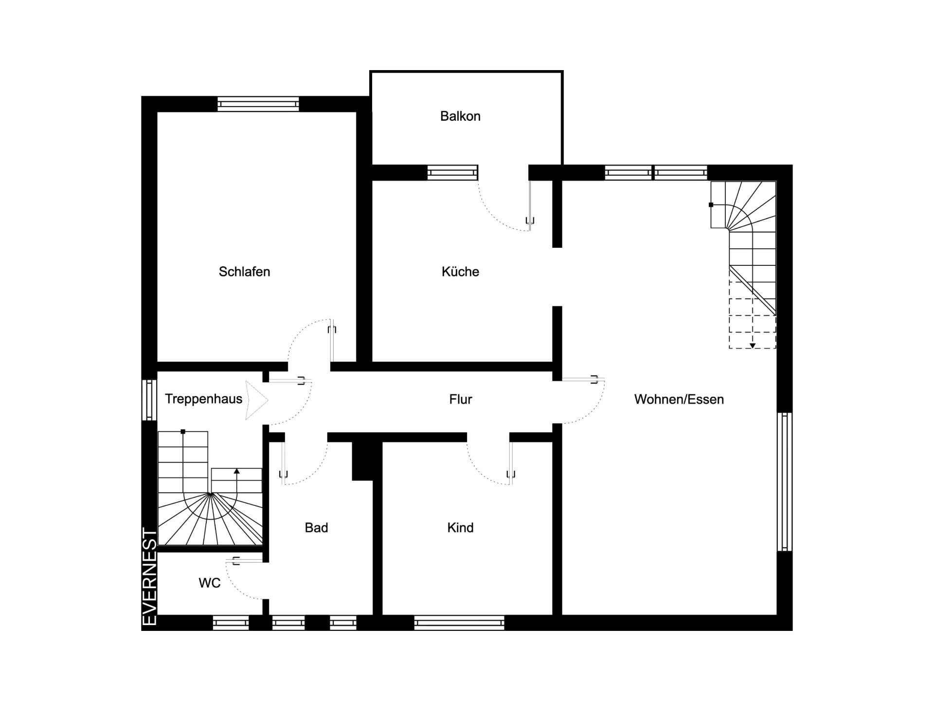 Grundriss einer Wohnung mit Schlafzimmer, Küche, Wohnzimmer, Bad, Kindzimmer, Balkon und Flur.