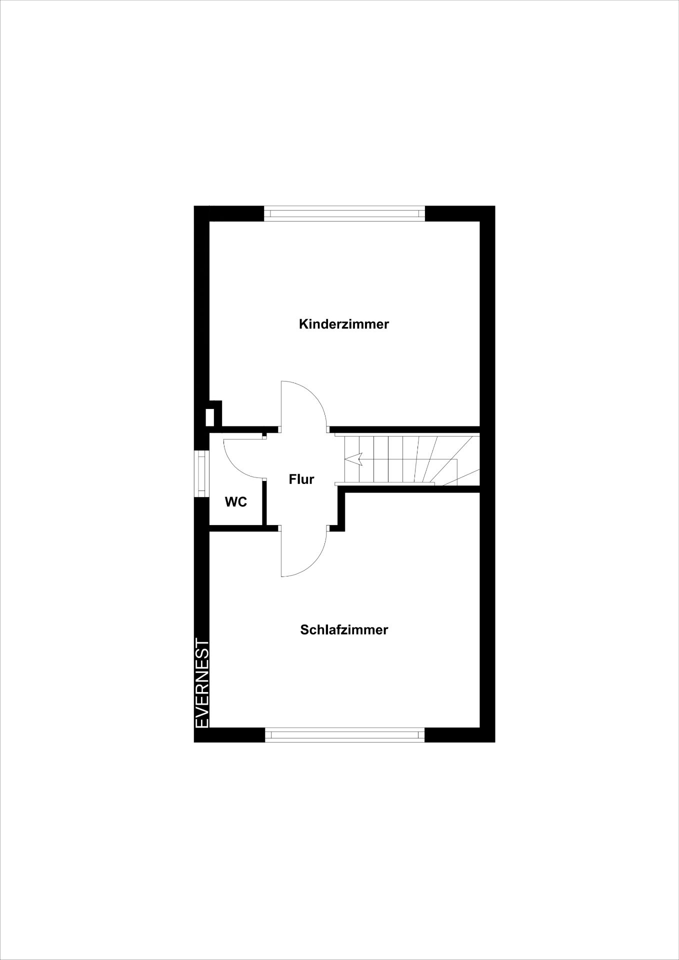 Grundriss mit Kinderzimmer, Schlafzimmer, WC und Flur.