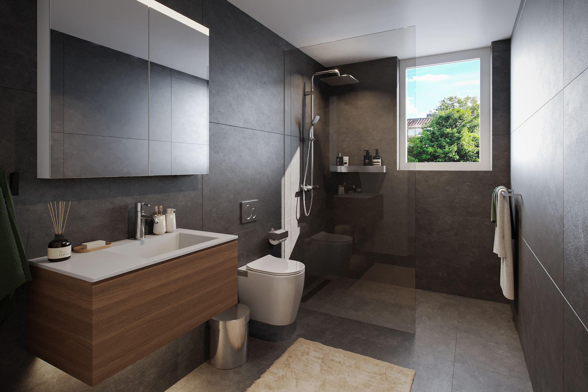 Modernes Badezimmer mit großer Dusche, Waschbecken, WC und Fenster mit Blick ins Grüne.