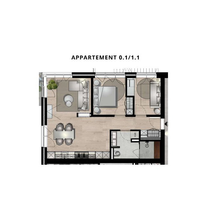 Grundriss eines Wohnbereichs mit Sofa, Sesseln, Esstisch, Küche und Balkon.