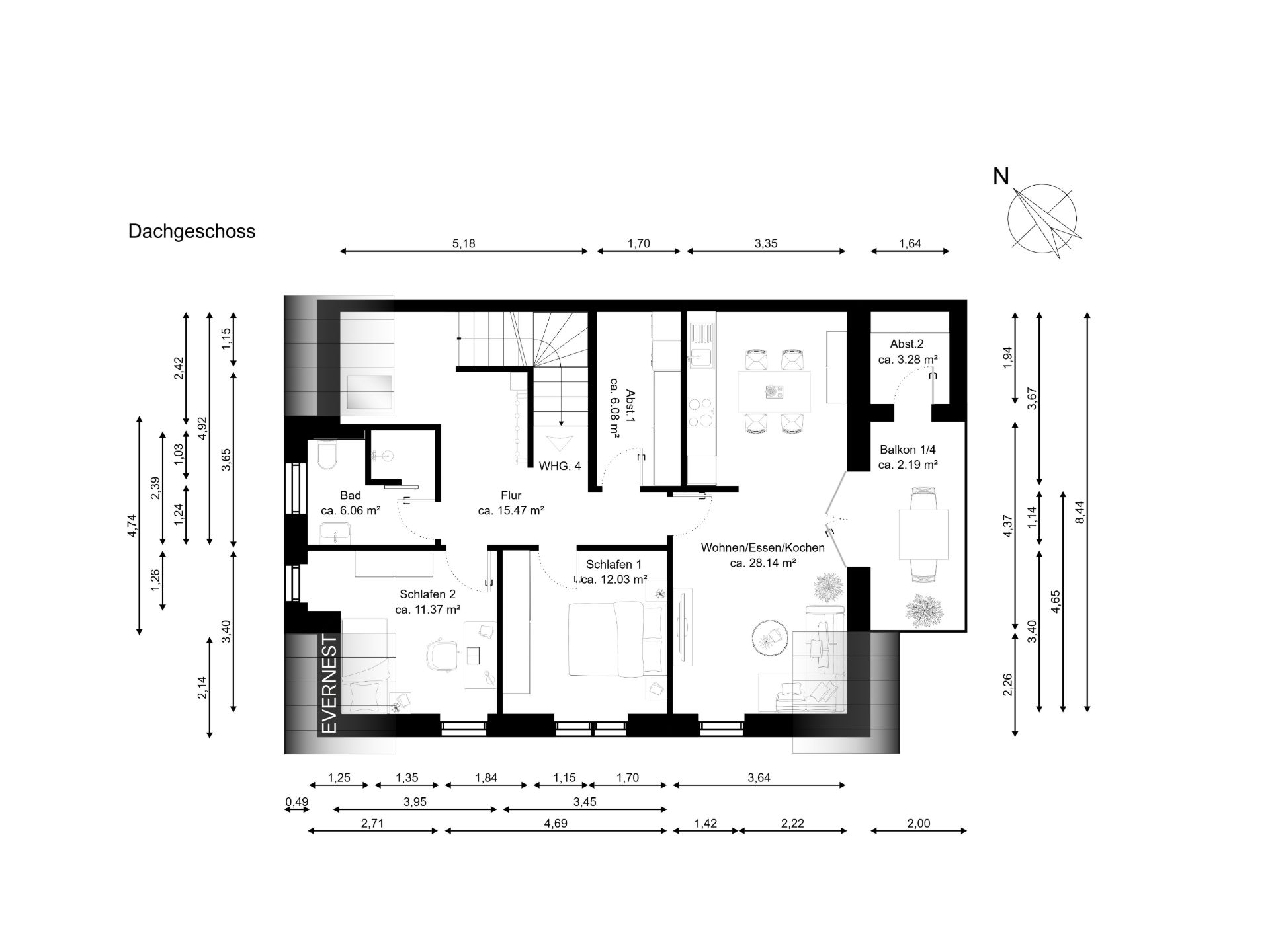 Grundriss einer Dachgeschosswohnung mit zwei Schlafzimmern, Bad, Wohnbereich und Balkon.