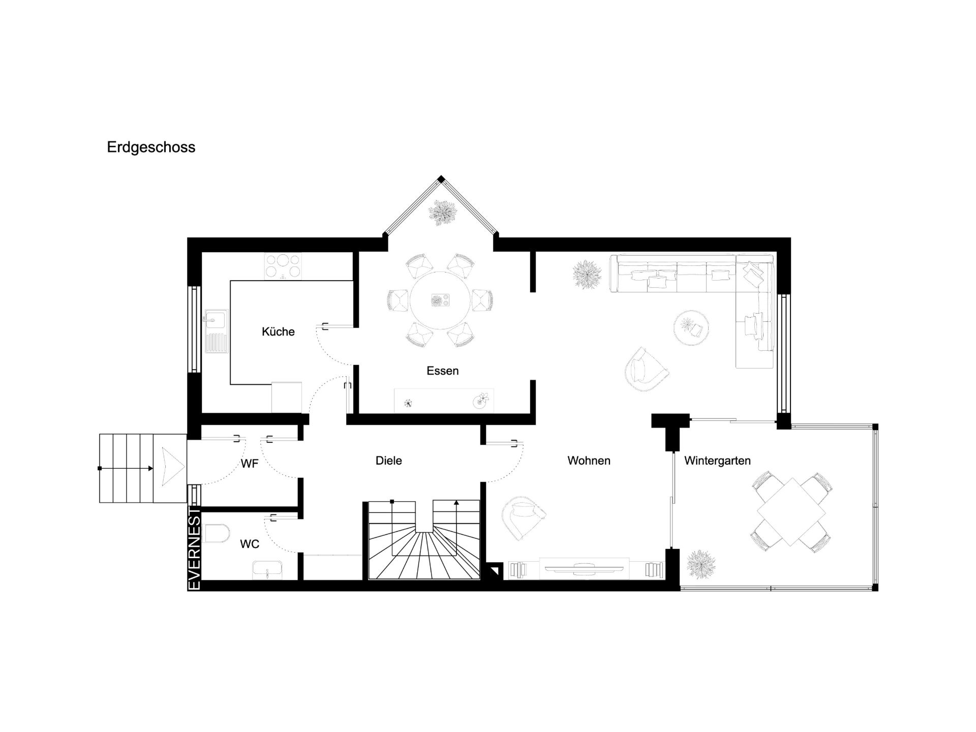 Grundriss des Erdgeschosses mit Küche, Essbereich, Wohnzimmer, Wintergarten und WC.