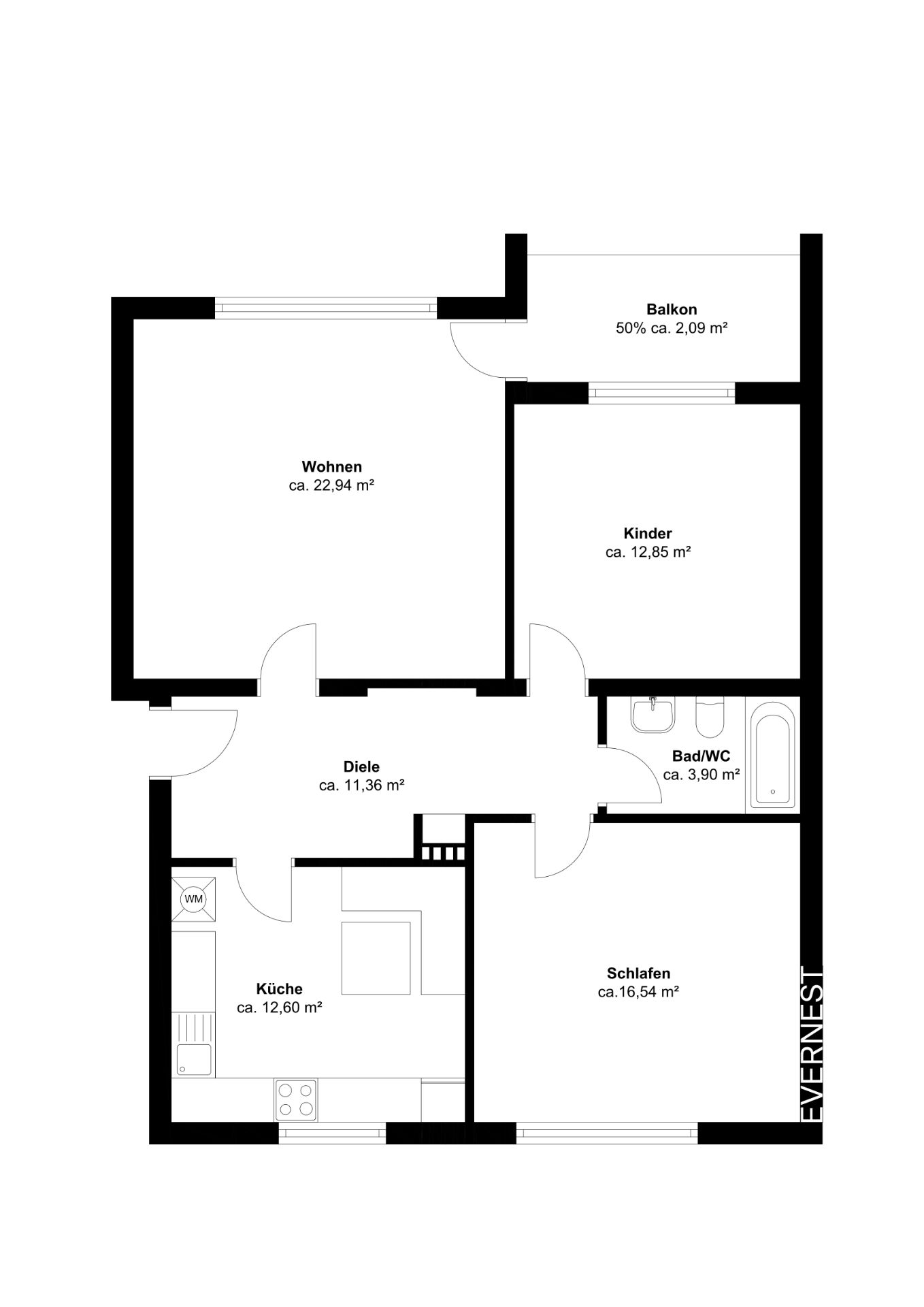 Grundriss einer Wohnung mit Wohn-, Schlaf-, Kinderzimmer, Küche, Bad/WC, Flur und Balkon.