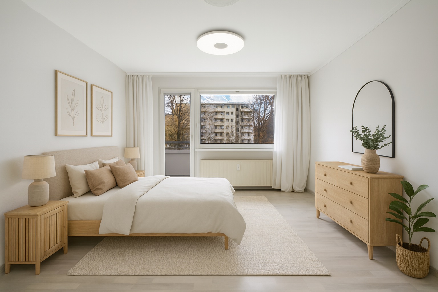 Helles Schlafzimmer mit Doppelbett, Holzmöbeln, großem Fenster und Pflanzen.