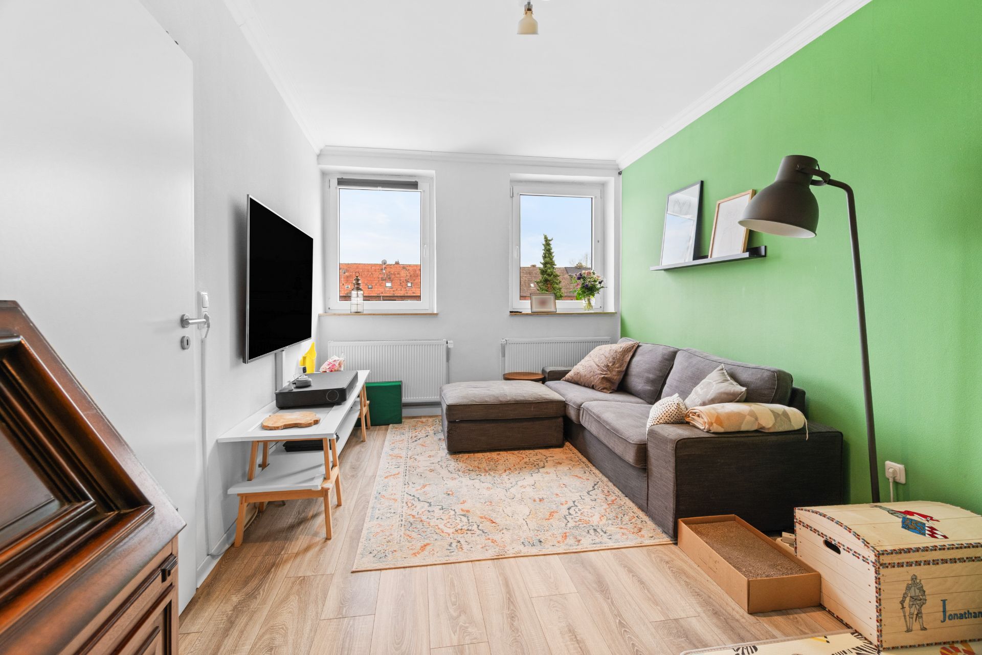 Wohnzimmer mit grün gestrichener Wand, grauem Sofa, Teppich, TV und zwei Fenstern.