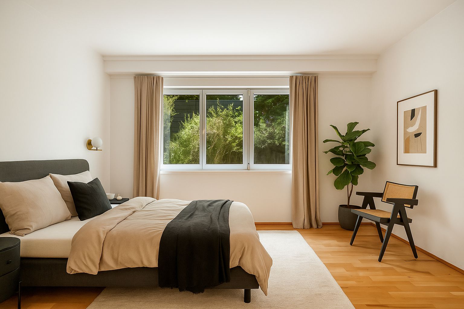 Helles Schlafzimmer mit Doppelbett, großem Fenster, Pflanze und Stuhl auf Holzboden.