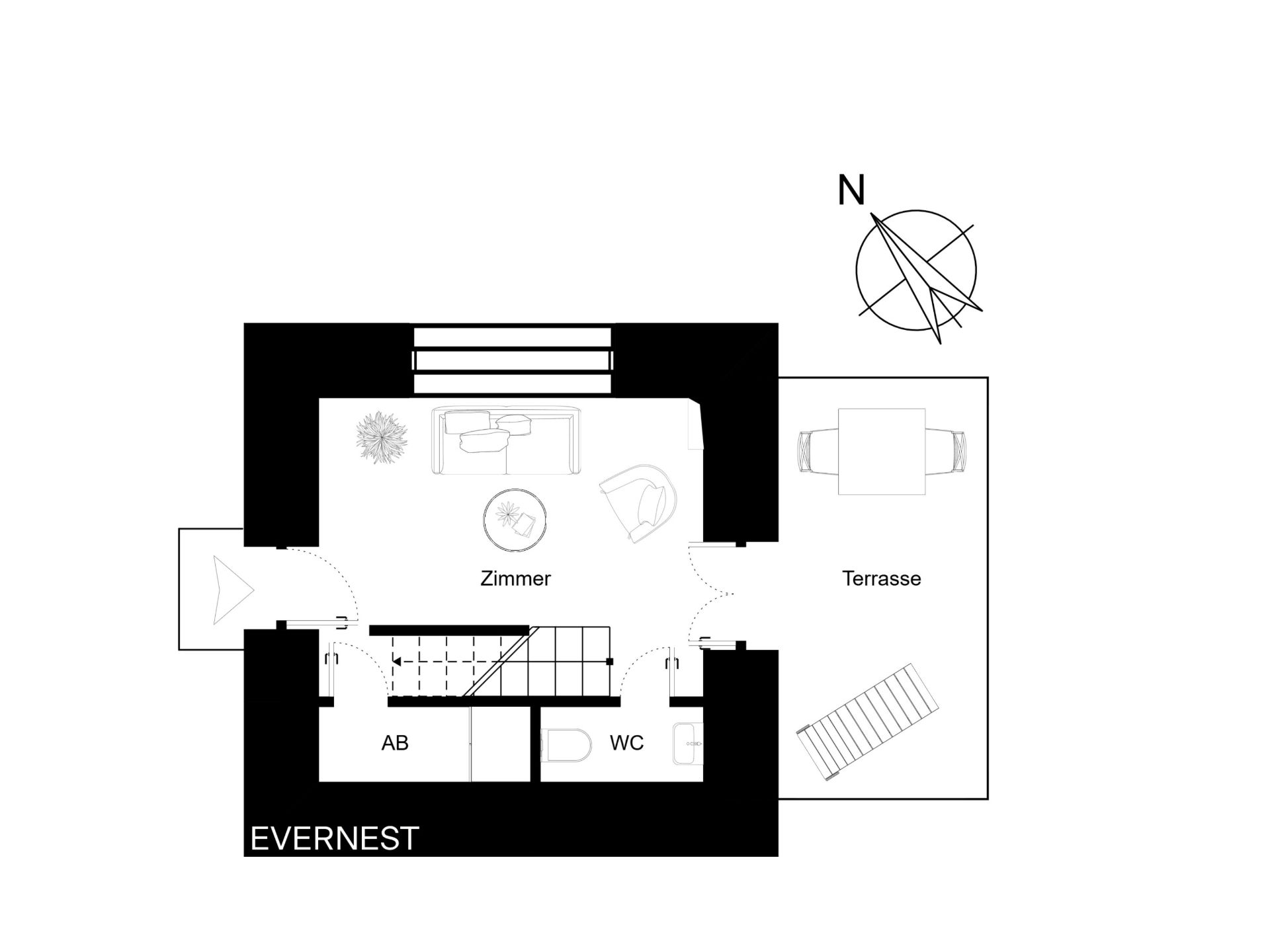 Grundriss mit Zimmer, WC, Abstellraum und Terrasse. Treppe führt nach oben.
