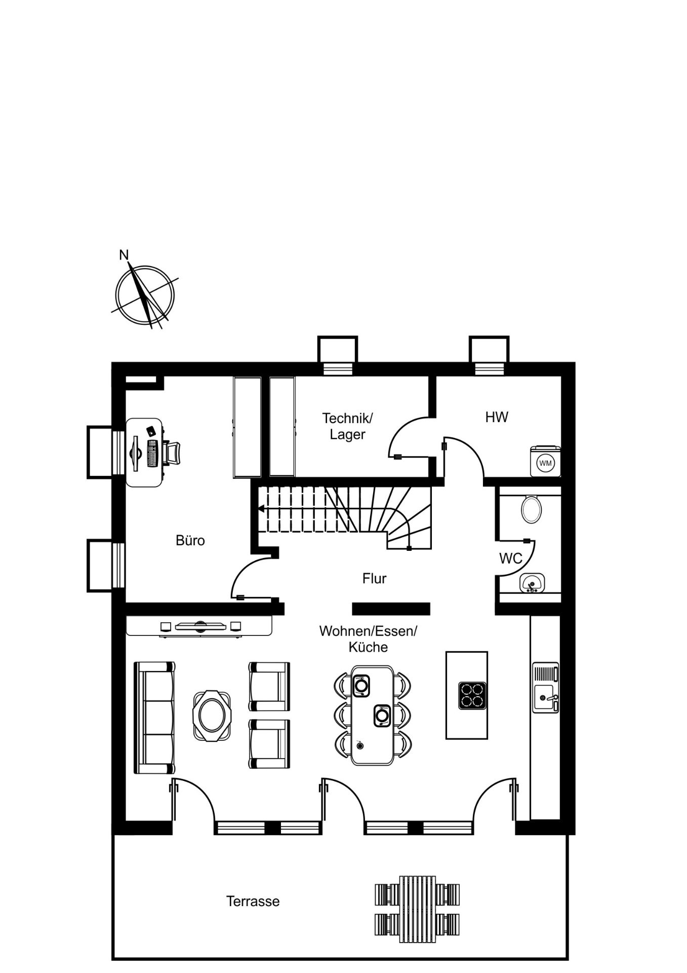 Grundriss des Erdgeschosses mit Büro, Wohnbereich, Küche, WC und Terrasse.