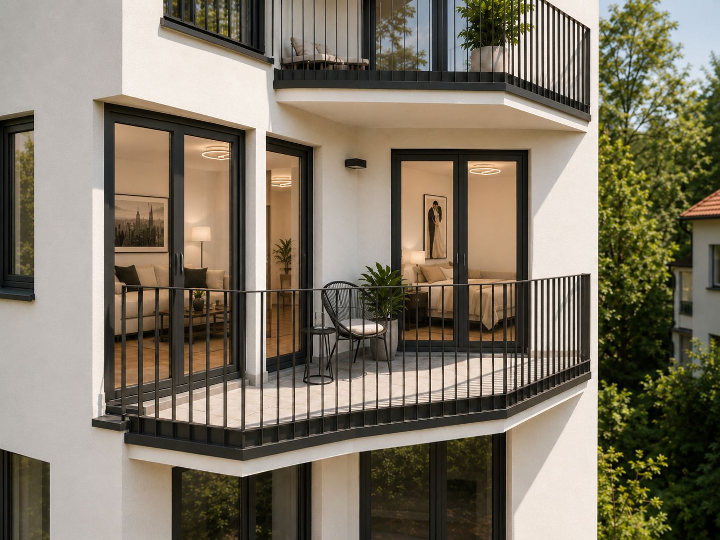 Balkon einer Wohnung mit zwei Stühlen, Tisch und Pflanzen, Blick durch Glasfenster ins Wohnzimmer.