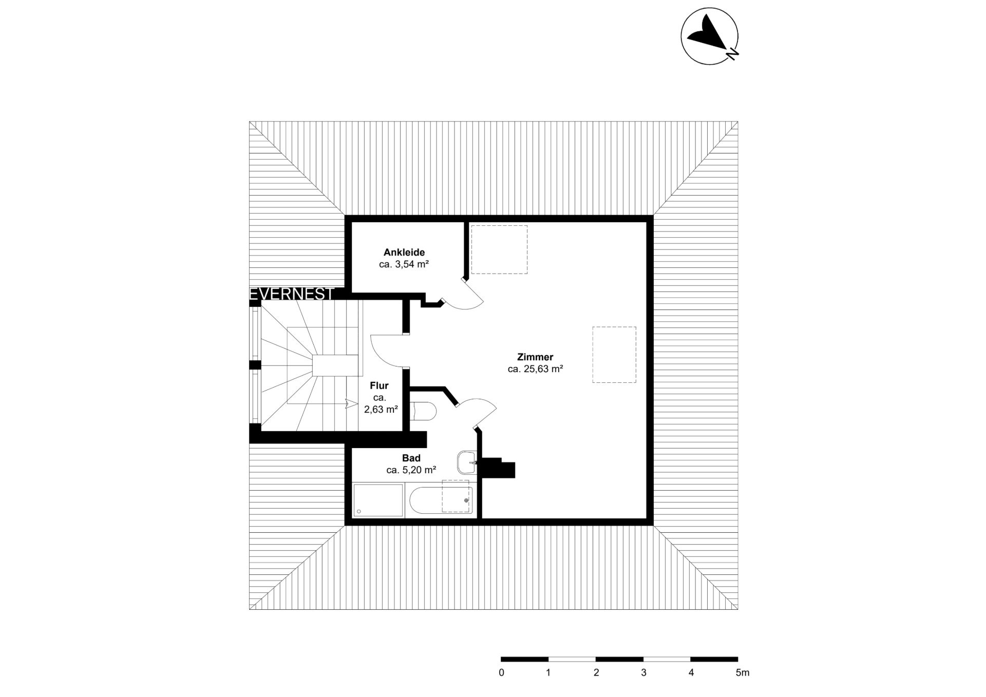 Grundriss eines Obergeschosses mit Zimmer, Bad, Flur und Ankleide.