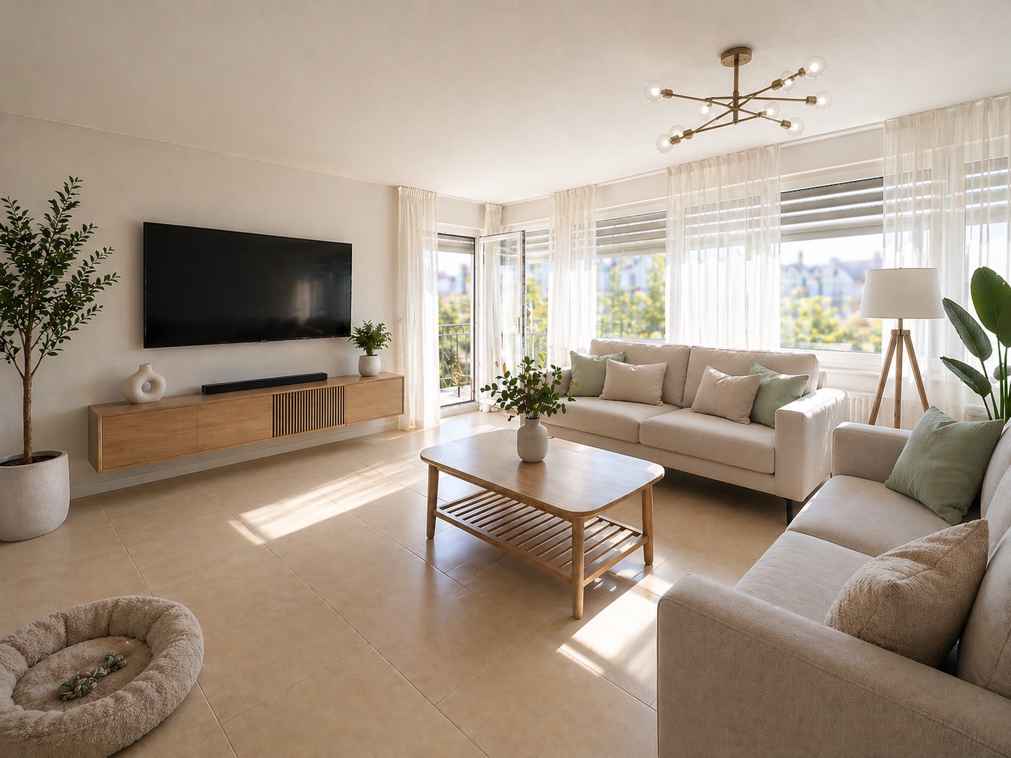 Helles Wohnzimmer mit zwei Sofas, Couchtisch, großem Fernseher und großen Fenstern mit Vorhängen.