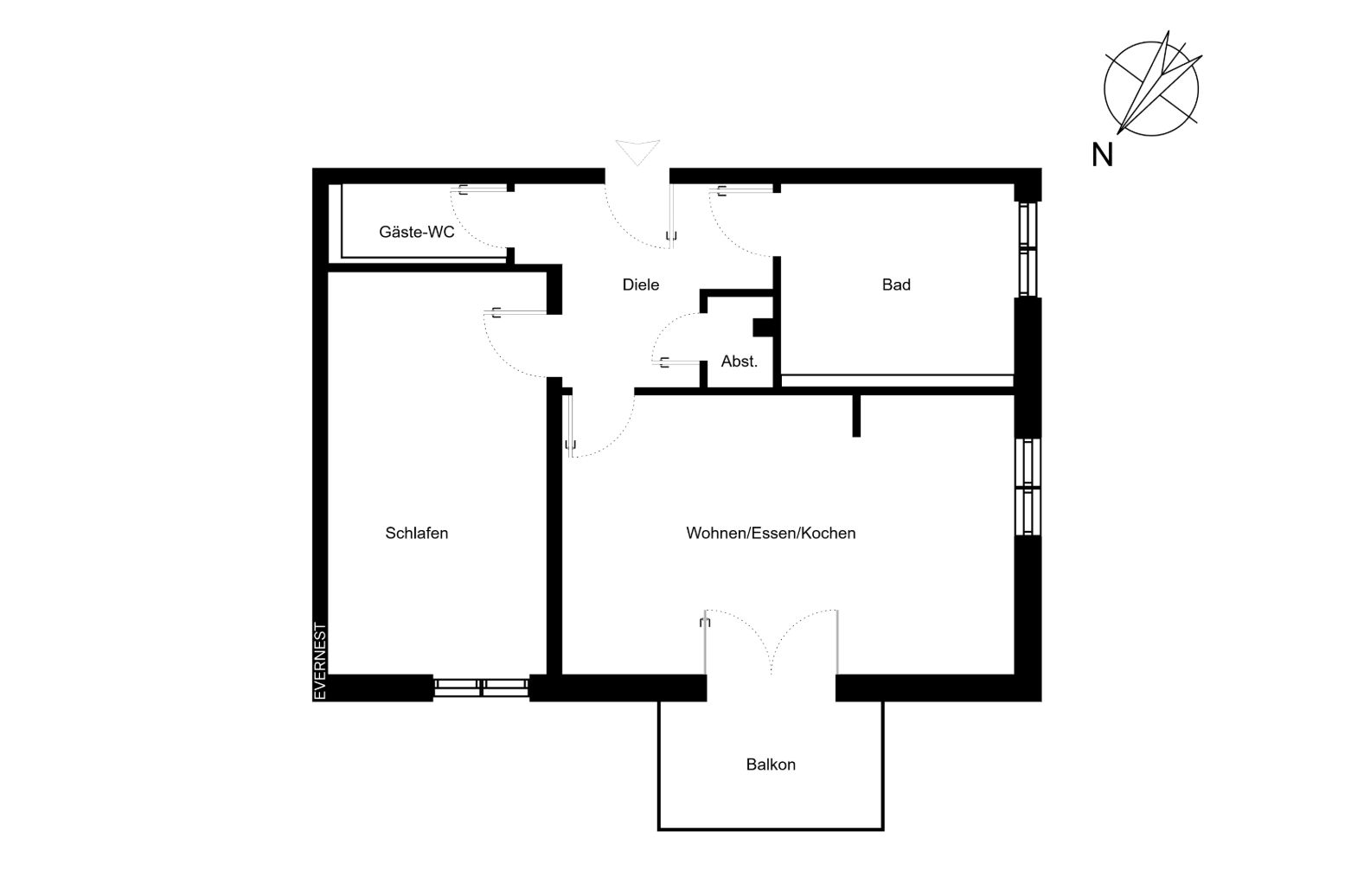Grundriss einer Wohnung mit Schlafzimmer, Wohnzimmer, Bad, Gäste-WC, Abstellraum und Balkon.