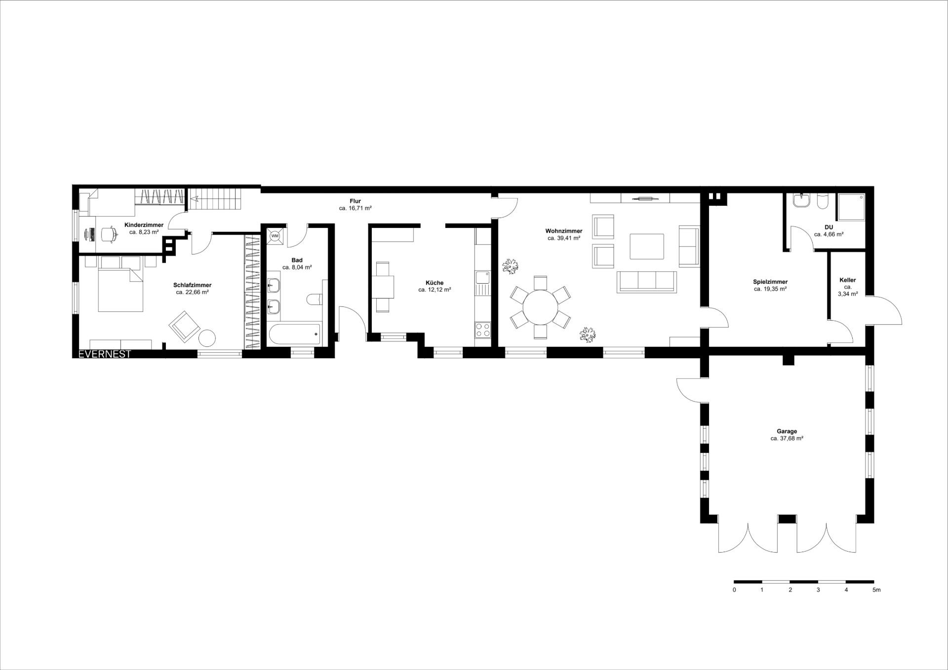 Grundriss eines Wohnhauses mit Schlafzimmern, Küche, Bad, Wohnzimmer, Speisekammer und Garage.