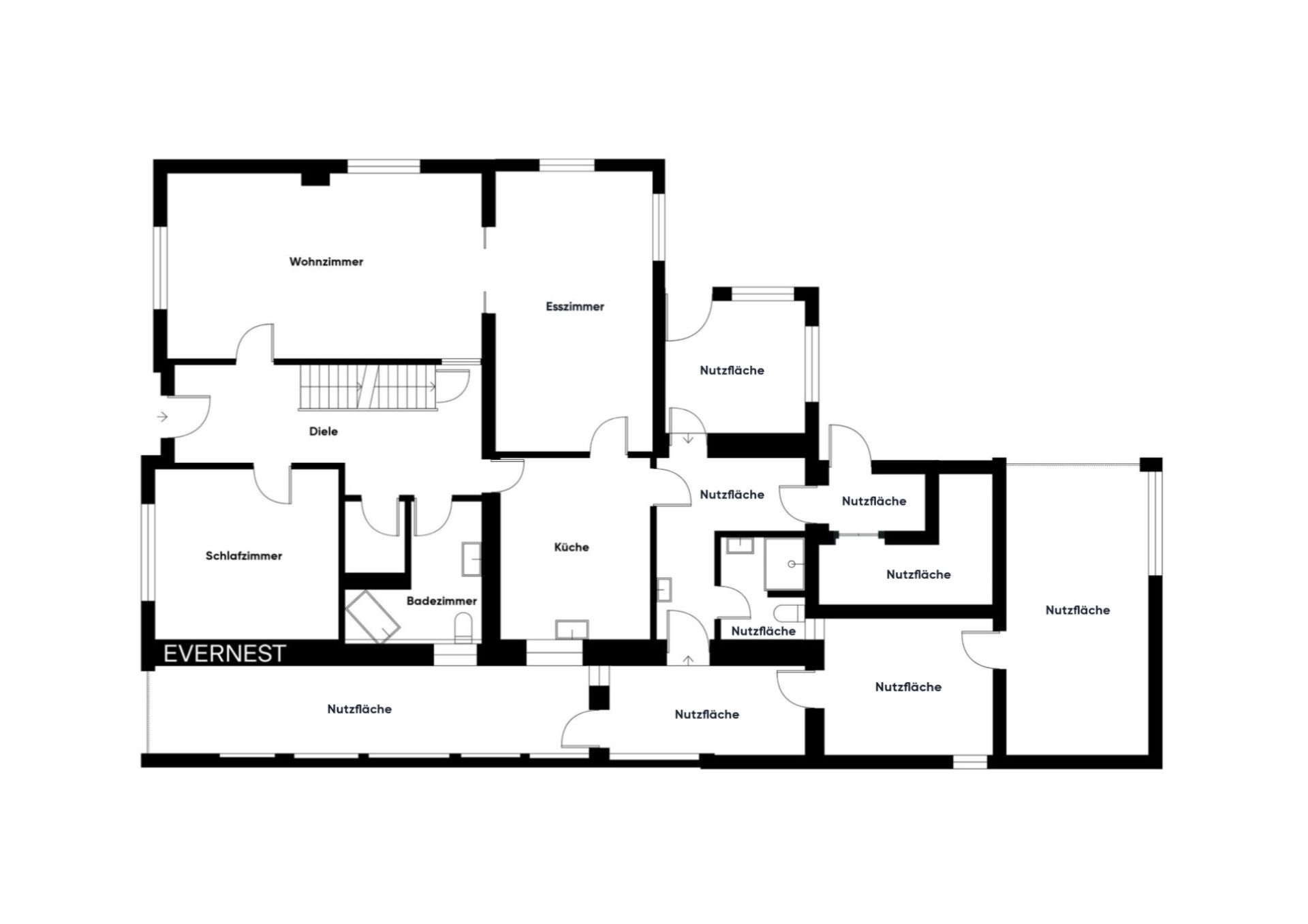 Grundriss einer Wohnung mit Wohnzimmer, Esszimmer, Schlafzimmer, Küche, Bad und mehreren Nutzflächen.