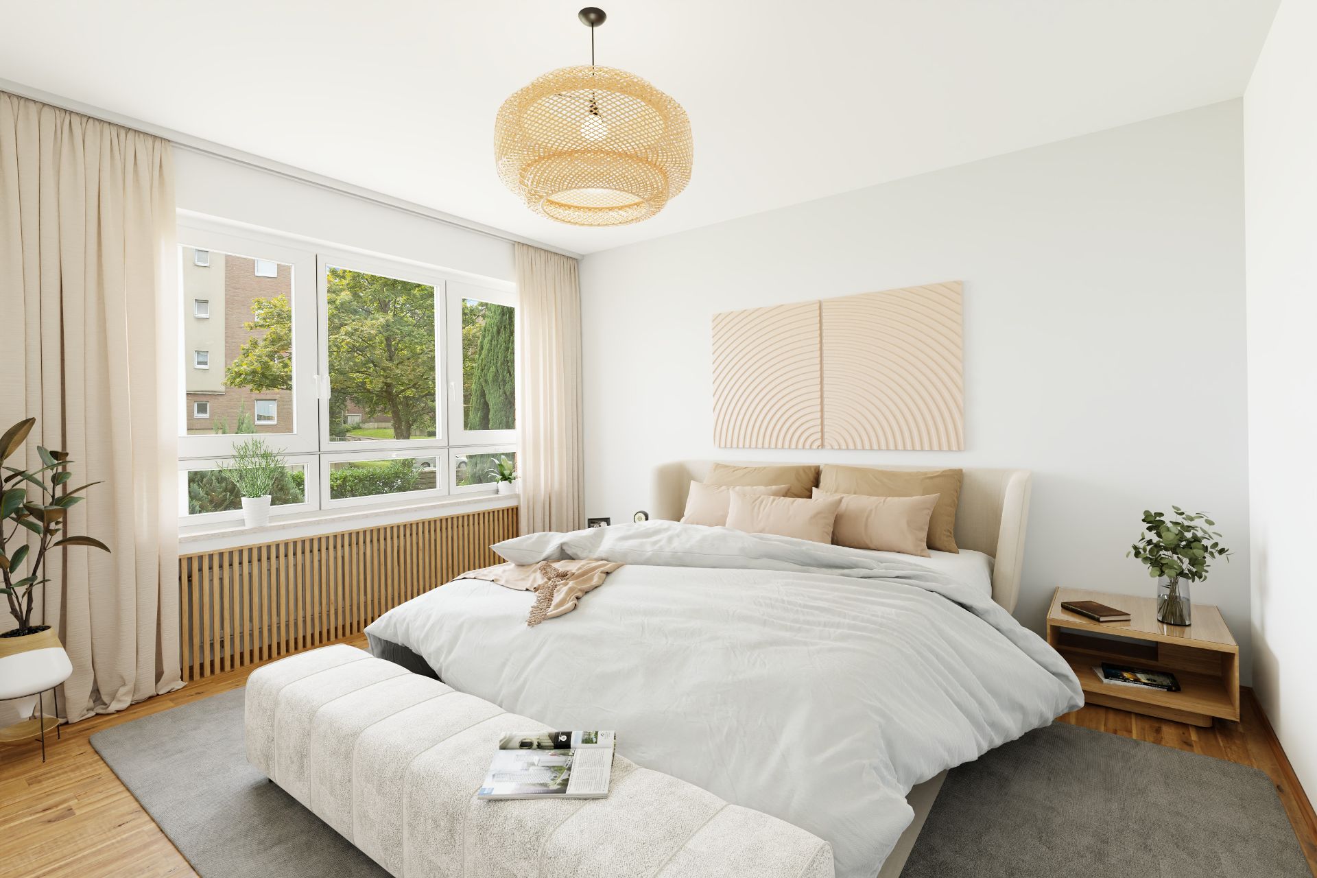 Helles Schlafzimmer mit großem Bett, Fensterfront, Nachttisch und Pflanzen.
