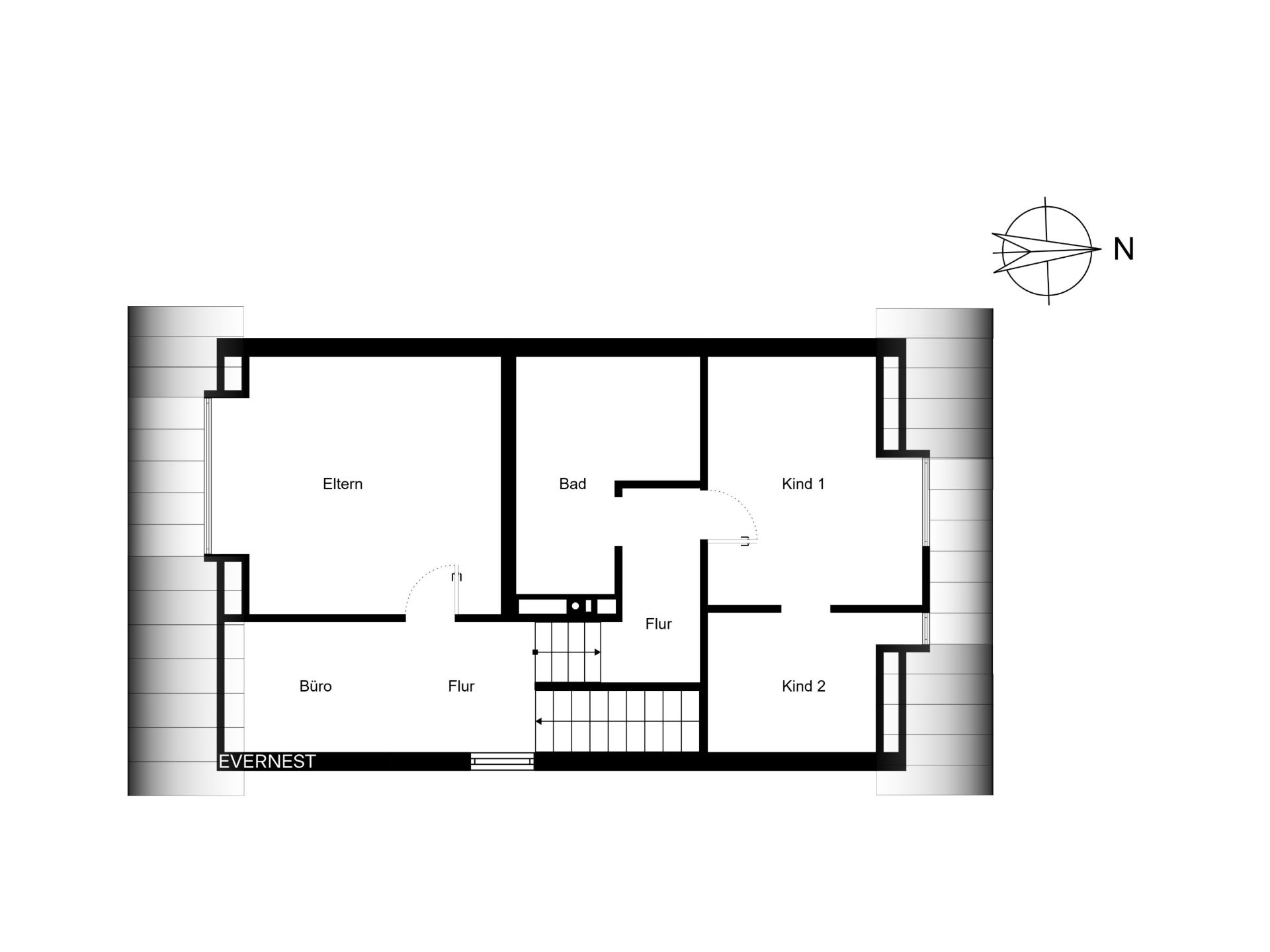Grundriss mit Eltern-, Kinderzimmern, Büro, Bad und Flur.