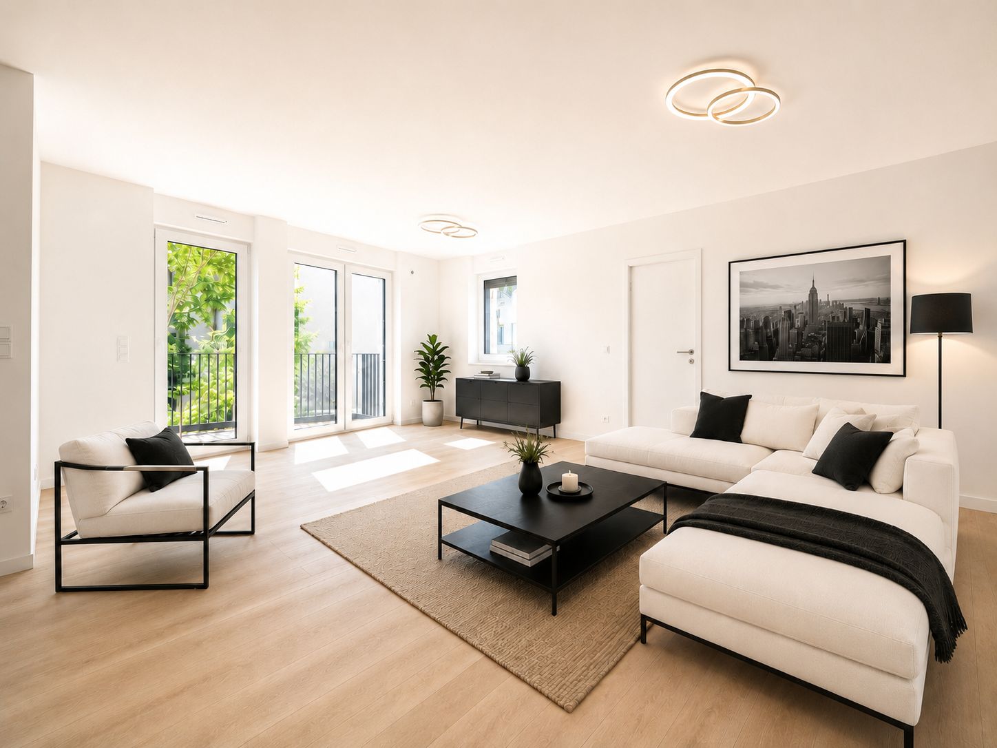 Helles Wohnzimmer mit weißen Möbeln, großem Fenster, Pflanzen und modernem Dekor.