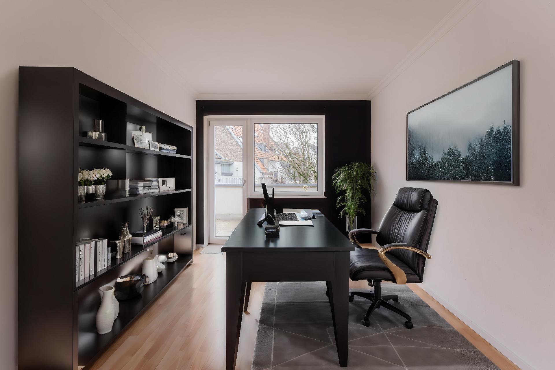 Modernes Arbeitszimmer mit schwarzem Schreibtisch, Bücherregal und großem Fenster.