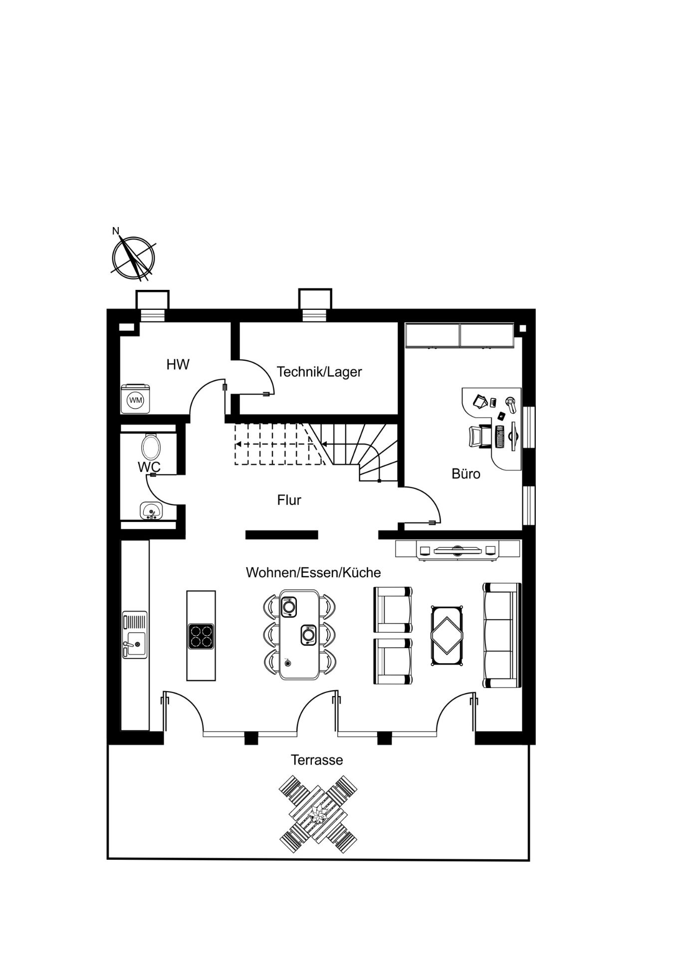 Grundriss eines Erdgeschosses mit Wohnküche, Büro, WC, Technikraum und Terrasse.