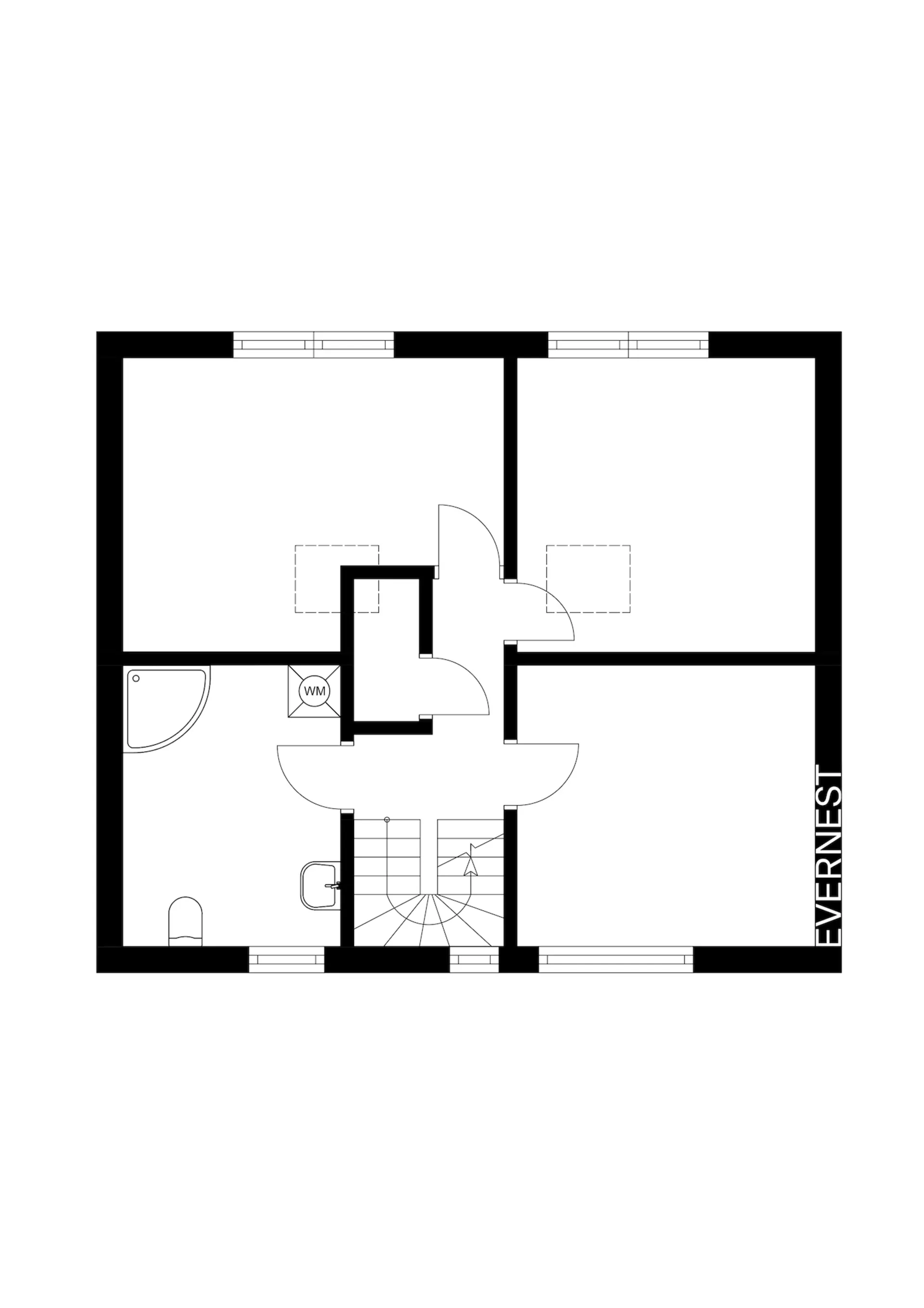 Grundriss mit vier Zimmern, Bad, Flur und Treppe, deutlich sichtbare Wände und Türen.
